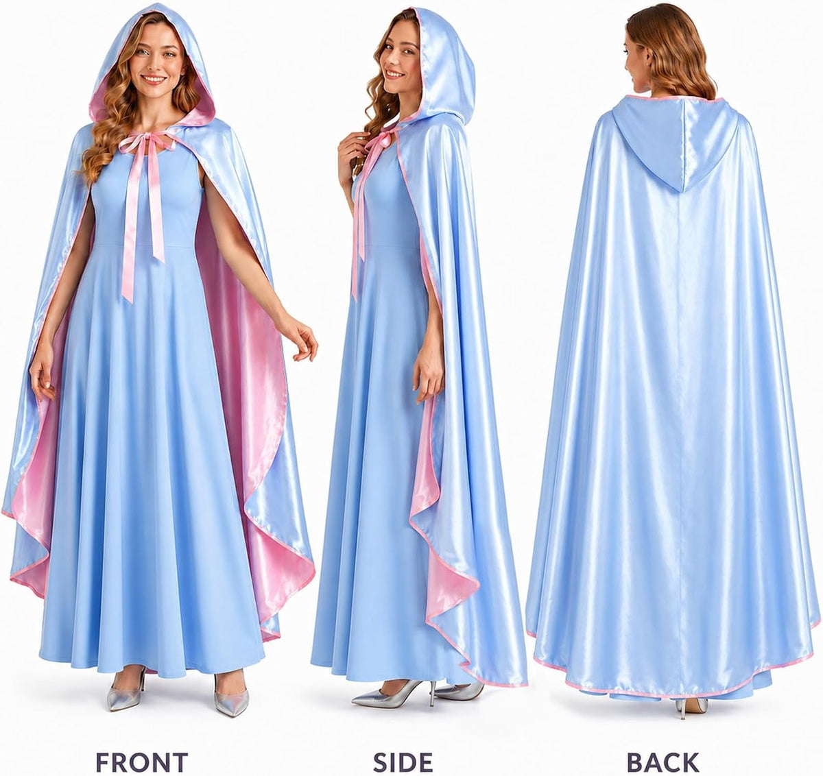 3PCS Fairy Godmother Halloween Costumes for Women, Blue Dress with Cape and Star Wand, Cosplay Outfit for Fairy Parties