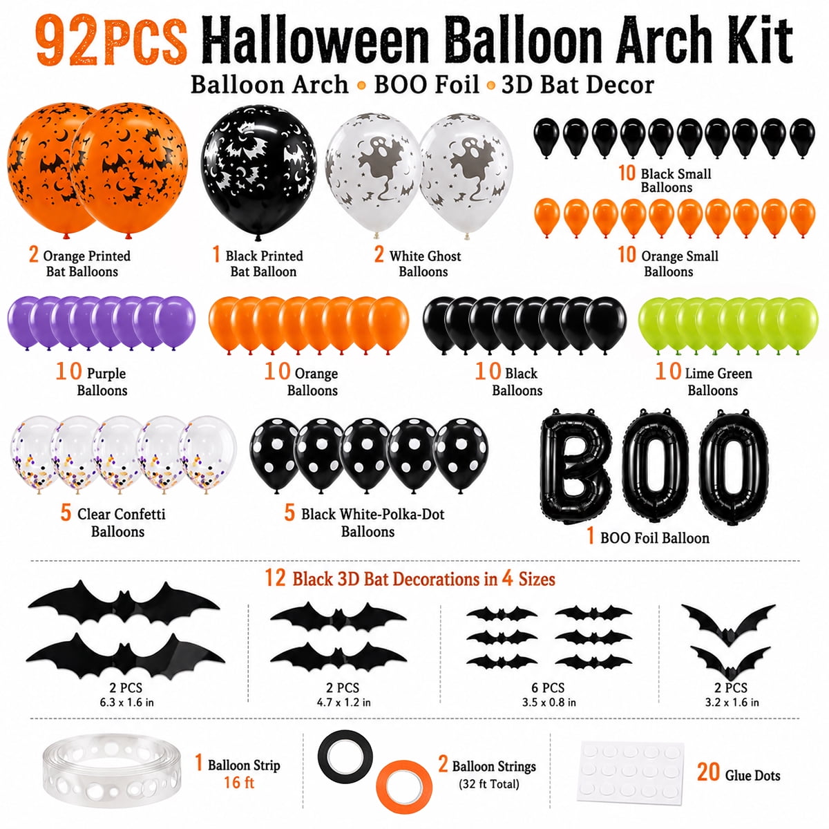 Halloween Balloons, Latex Arch Garland Kit With BOO Foil Confetti Balloons Bat Decoration Set for Halloween Party Decora