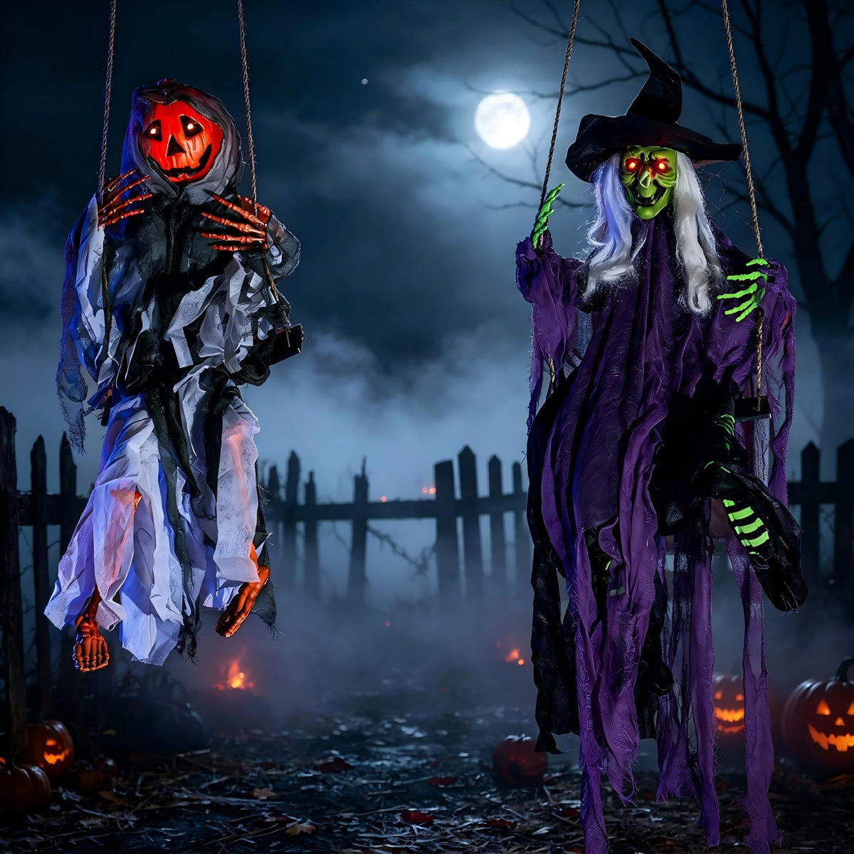 Joyfy 2 Packs Halloween Decorations Outdoor Hanging Ghosts, Light Up 3.9ft Witch and 3ft Pumpkin Face Creepy Decorations