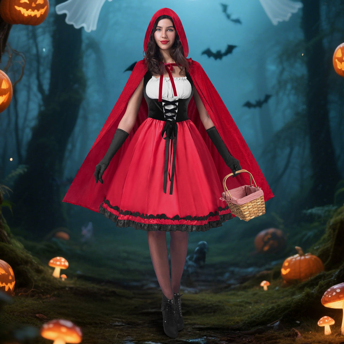Joyfy Women Little Red Riding Hooded Costume with Dress, Cape and Gloves, Adult Women Halloween Costume for Halloween Pa