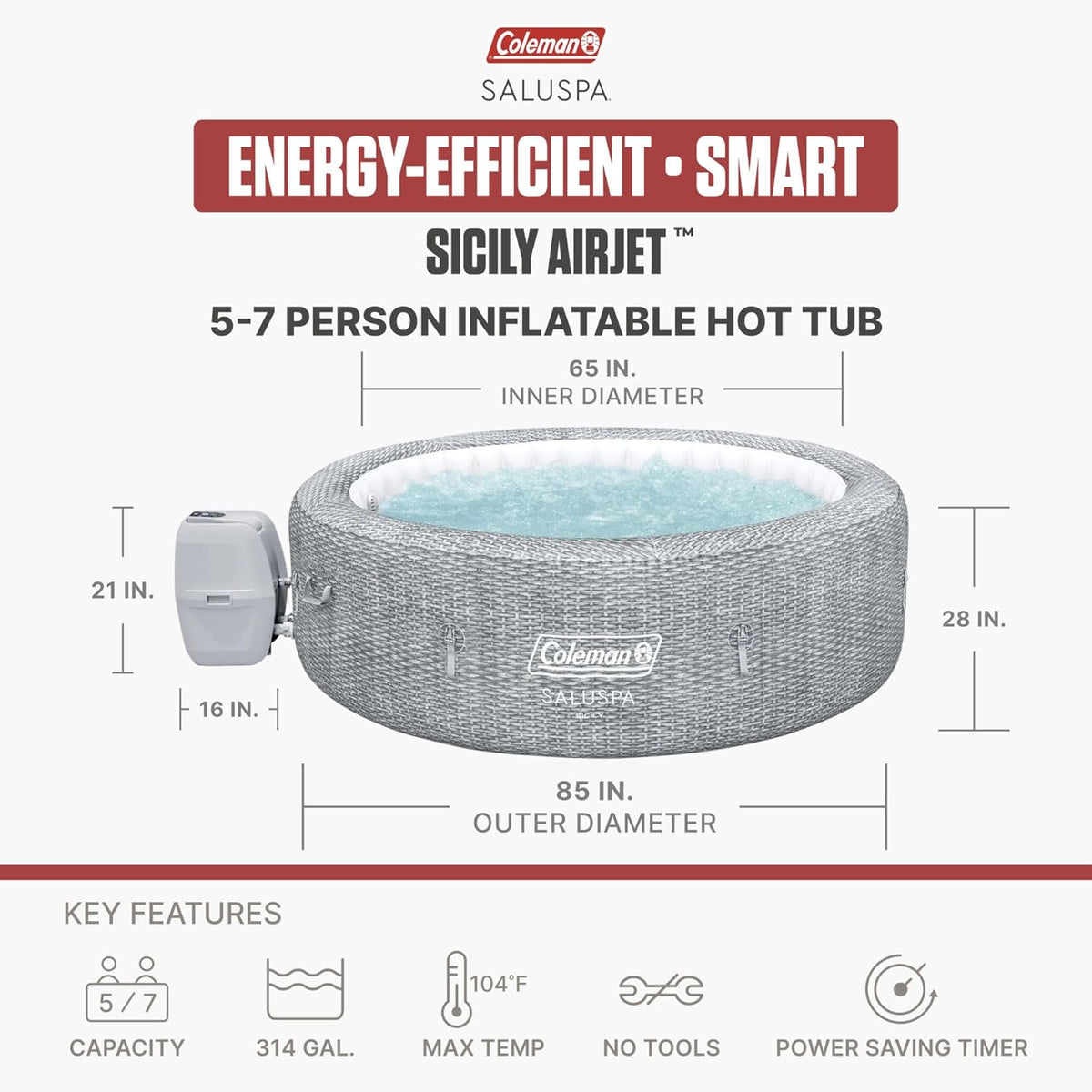 Coleman Sicily Energy-Efficient AirJet Inflatable Hot Tub, 5-7 Person - Sicily