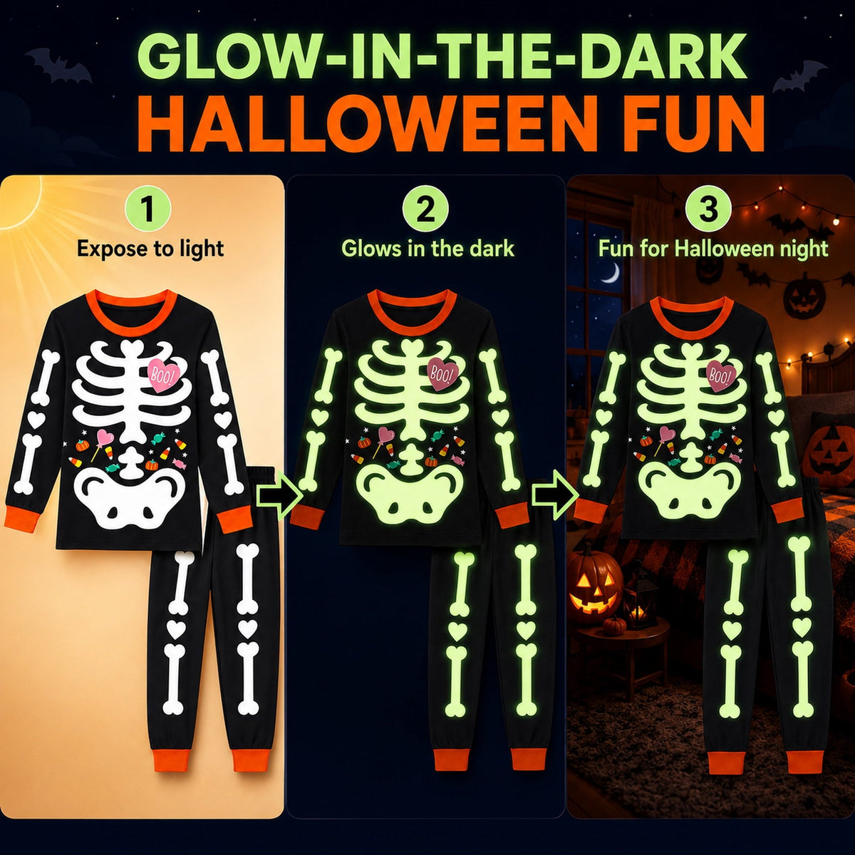 Rimyaw Kids Halloween Pajamas Set, Glow in the Dark Skeleton Sleepwear, 2-Piece cottom Long Sleeve PJs for Boys and Girl