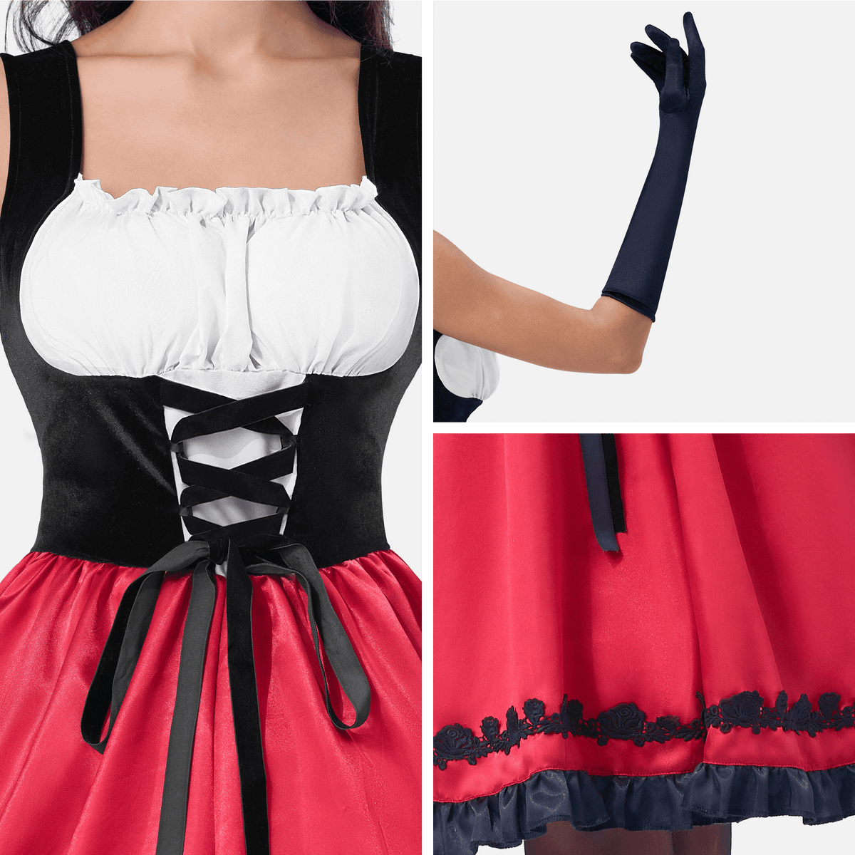 Joyfy Women Little Red Riding Hooded Costume with Dress, Cape and Gloves, Adult Women Halloween Costume for Halloween Pa