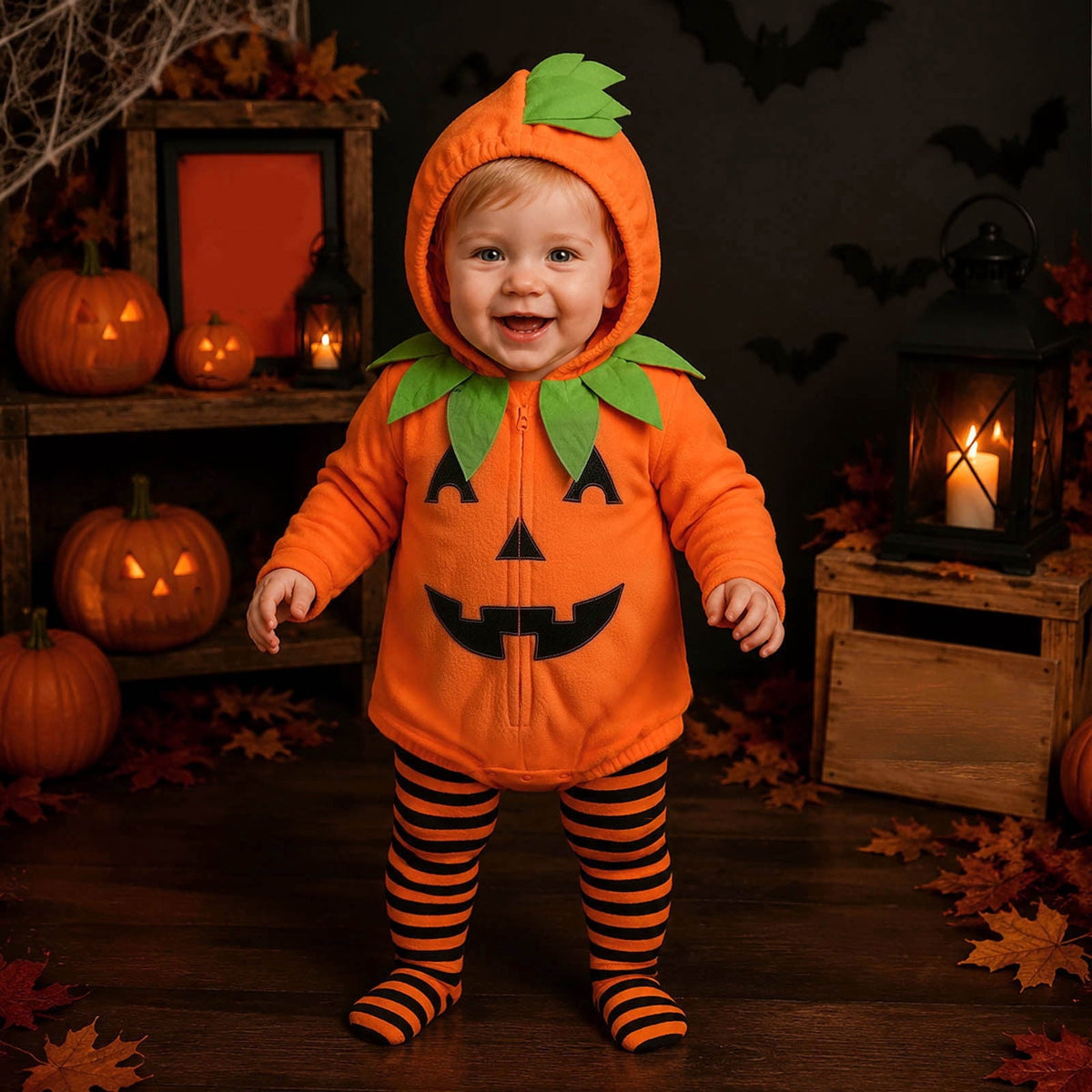 Newborn Infant Cute Jack-O-Lantern Costume Halloween Bodysuit and Striped Leggings Set Fall Holiday Fancy Dress Up Outfi