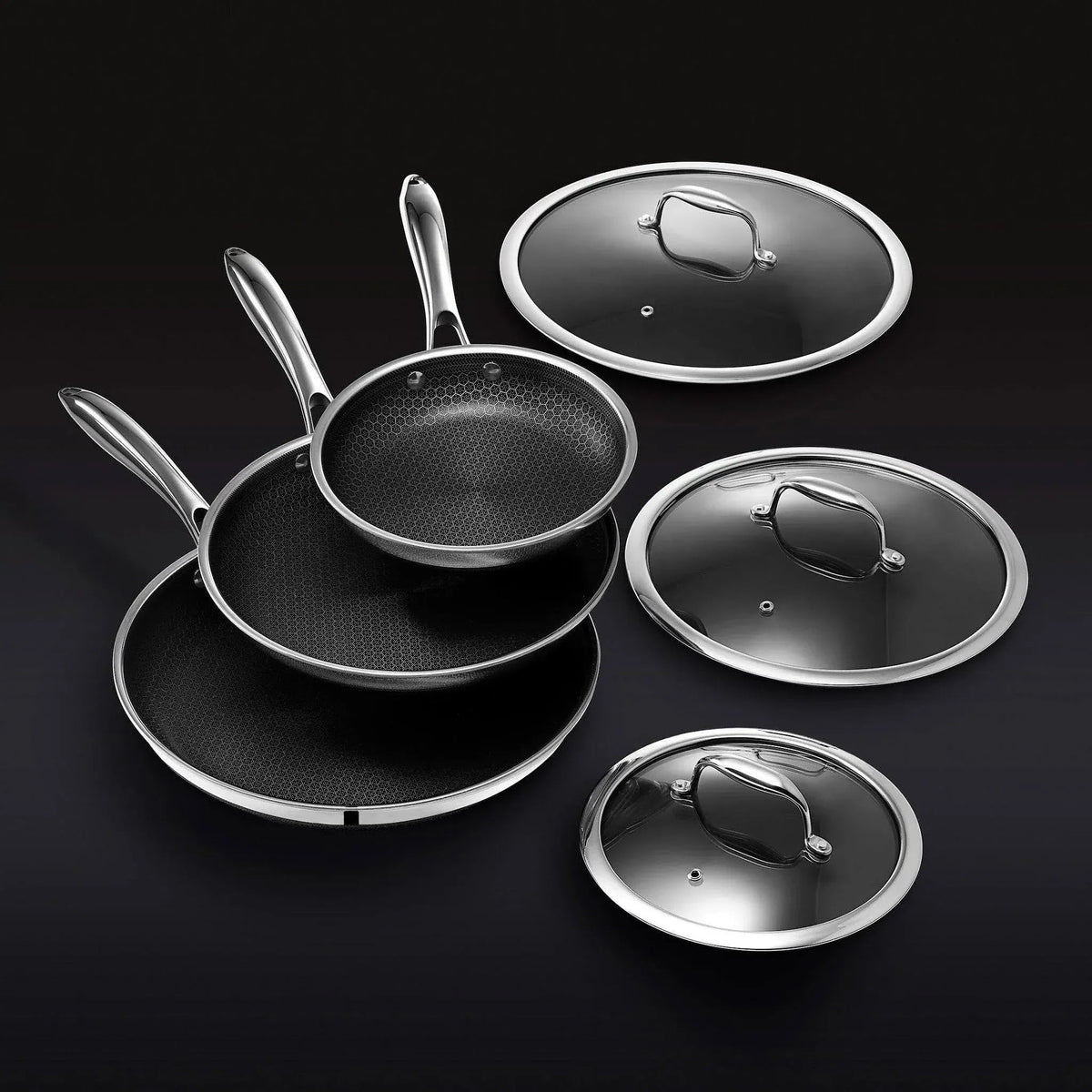 Hybrid Stainless Steel Pan Set With Glass Lids, 6-Piece, 8-Inch, 10-Inch And 12-Inch, Black