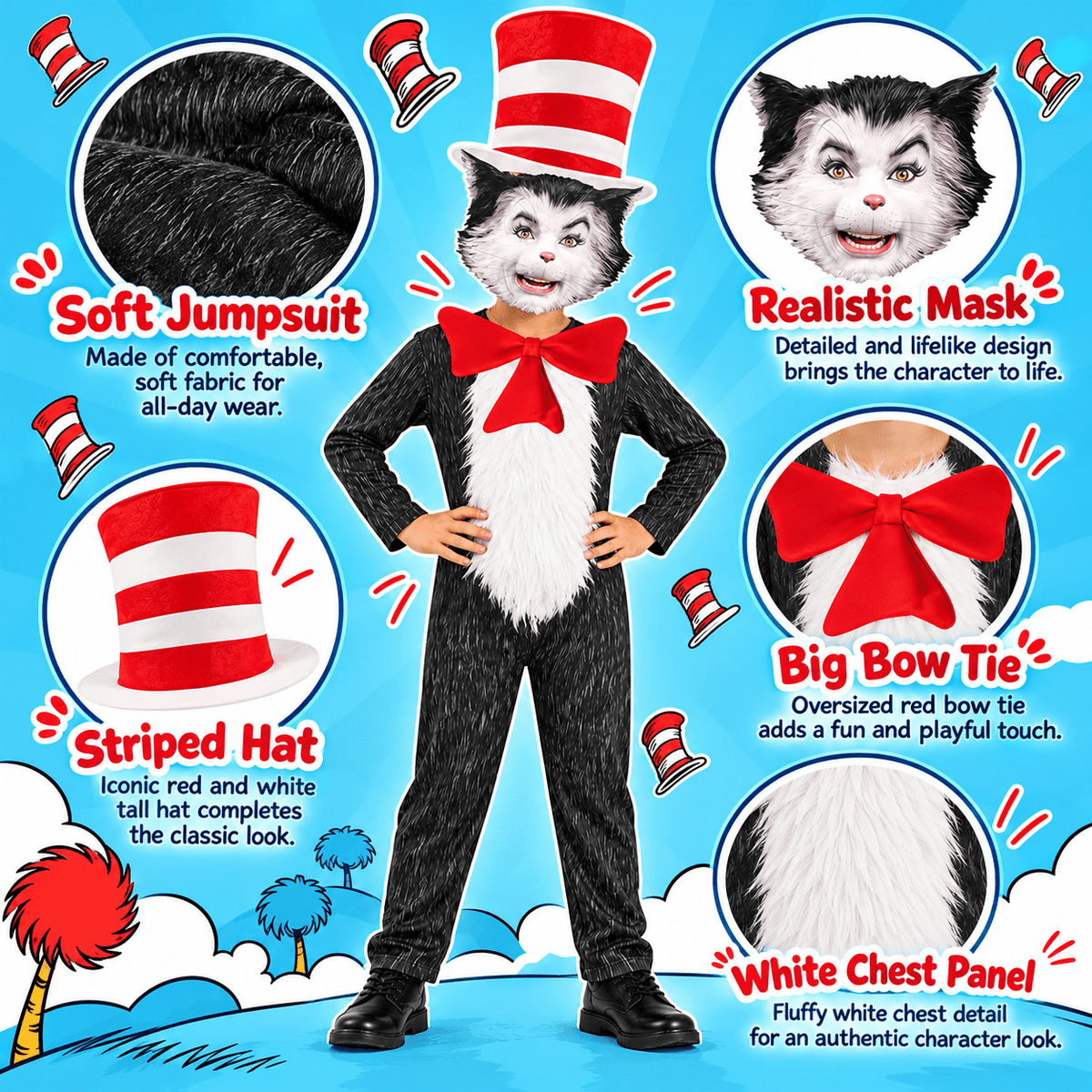 4-Piece Cat Halloween Cosplay Costume for Kids, Scary Cat Jumpsuit Set with Mask, Striped Hat & Bow Tie for Boys & Girls
