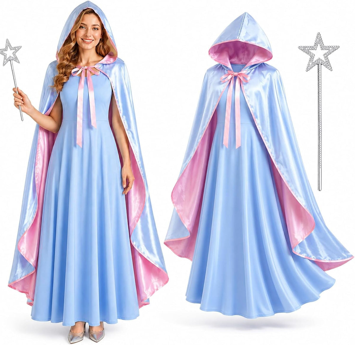 3PCS Fairy Godmother Halloween Costumes for Women, Blue Dress with Cape and Star Wand, Cosplay Outfit for Fairy Parties