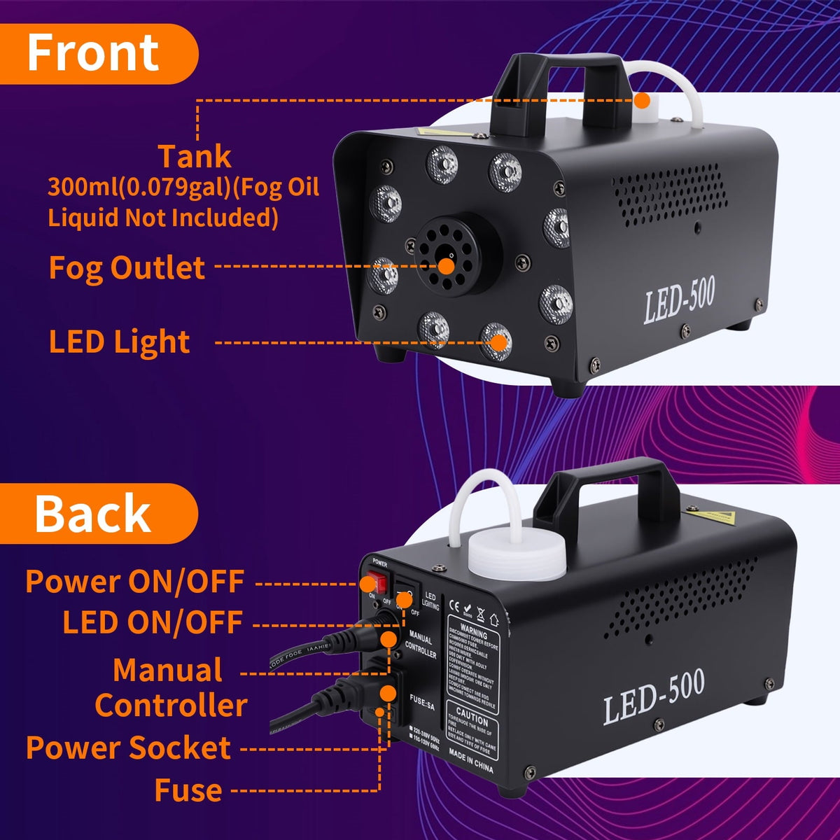 Fog Machine with 13 Colorful LED Lights Effect, 500W Smoke Machine with 1 Wired Receiver and Wireless Remote Controls, A