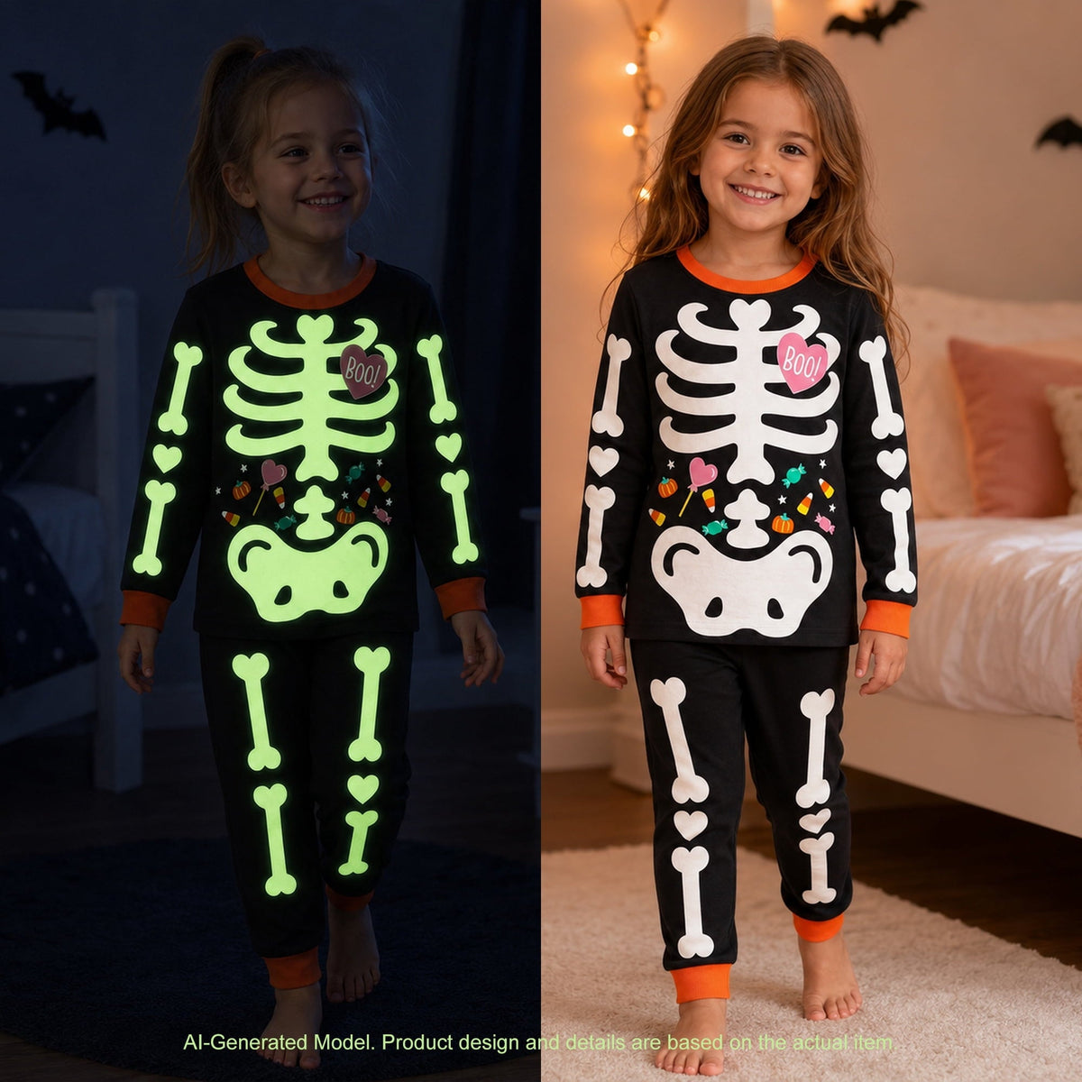 Rimyaw Kids Halloween Pajamas Set, Glow in the Dark Skeleton Sleepwear, 2-Piece cottom Long Sleeve PJs for Boys and Girl