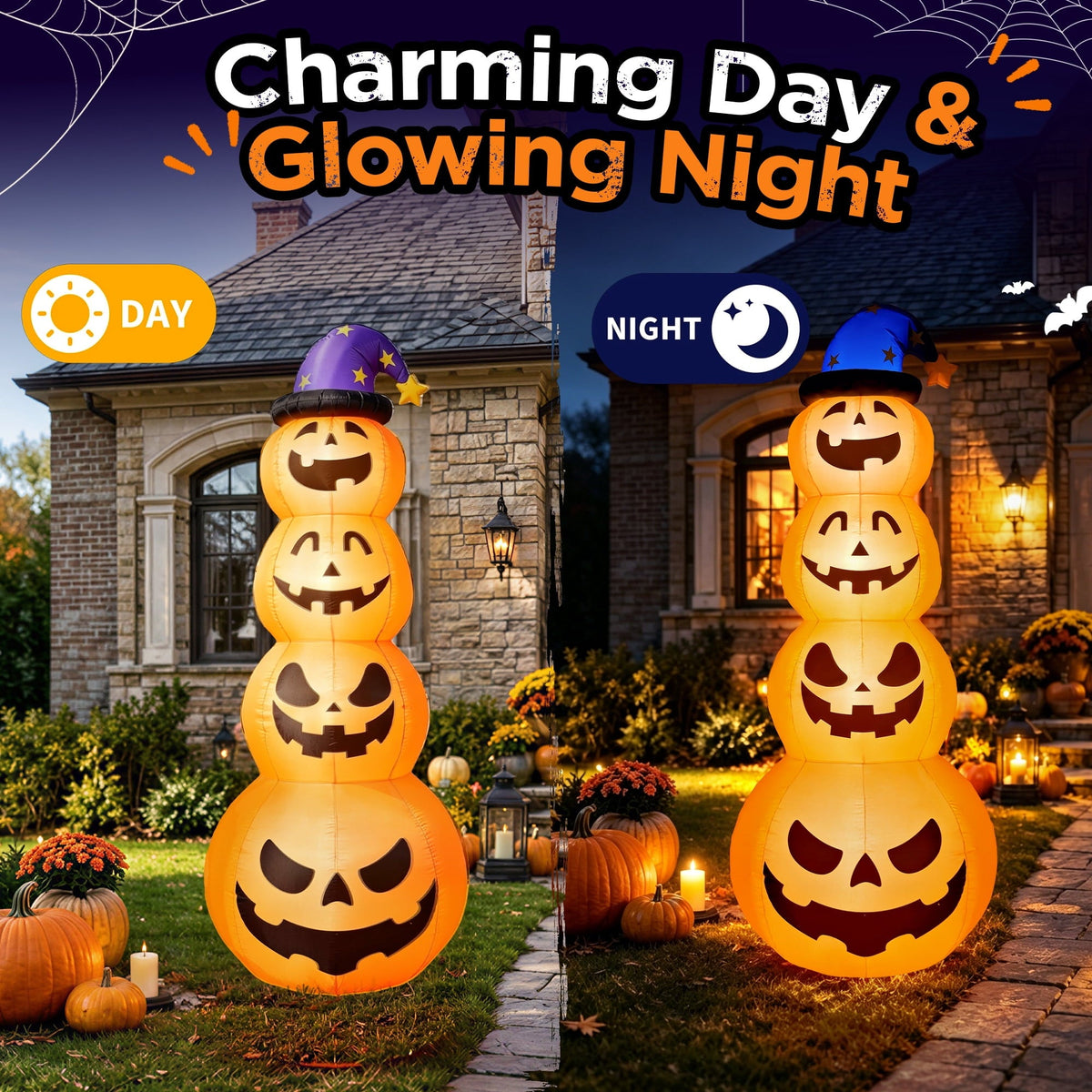 Goosiay 8ft Halloween Inflatable, Stacked Pumpkins with Witch Hat and Built-in LED Lights, Outdoor Blow up Yard Decor fo