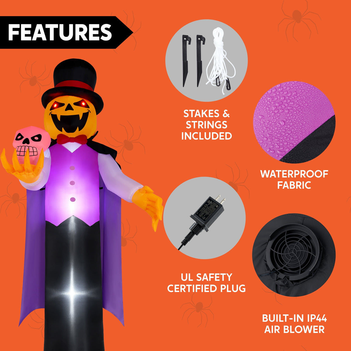 Joyfy 12 ft Giant Halloween Inflatable Pumpkin Ghost Vampire with Skull Decoration with Built-in LEDs, Ghost Halloween D