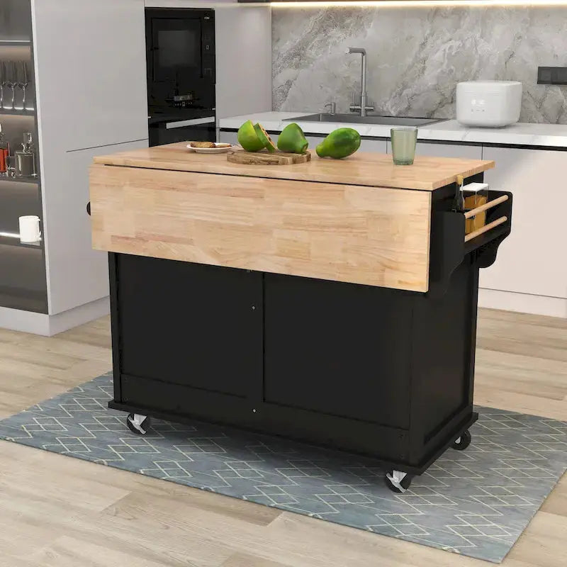 Rubberwood Kitchen Island Cart With Drop-Leaf Countertop, Concealed Barn Door Storage And 4 Locking Casters - 52.2 x 30.