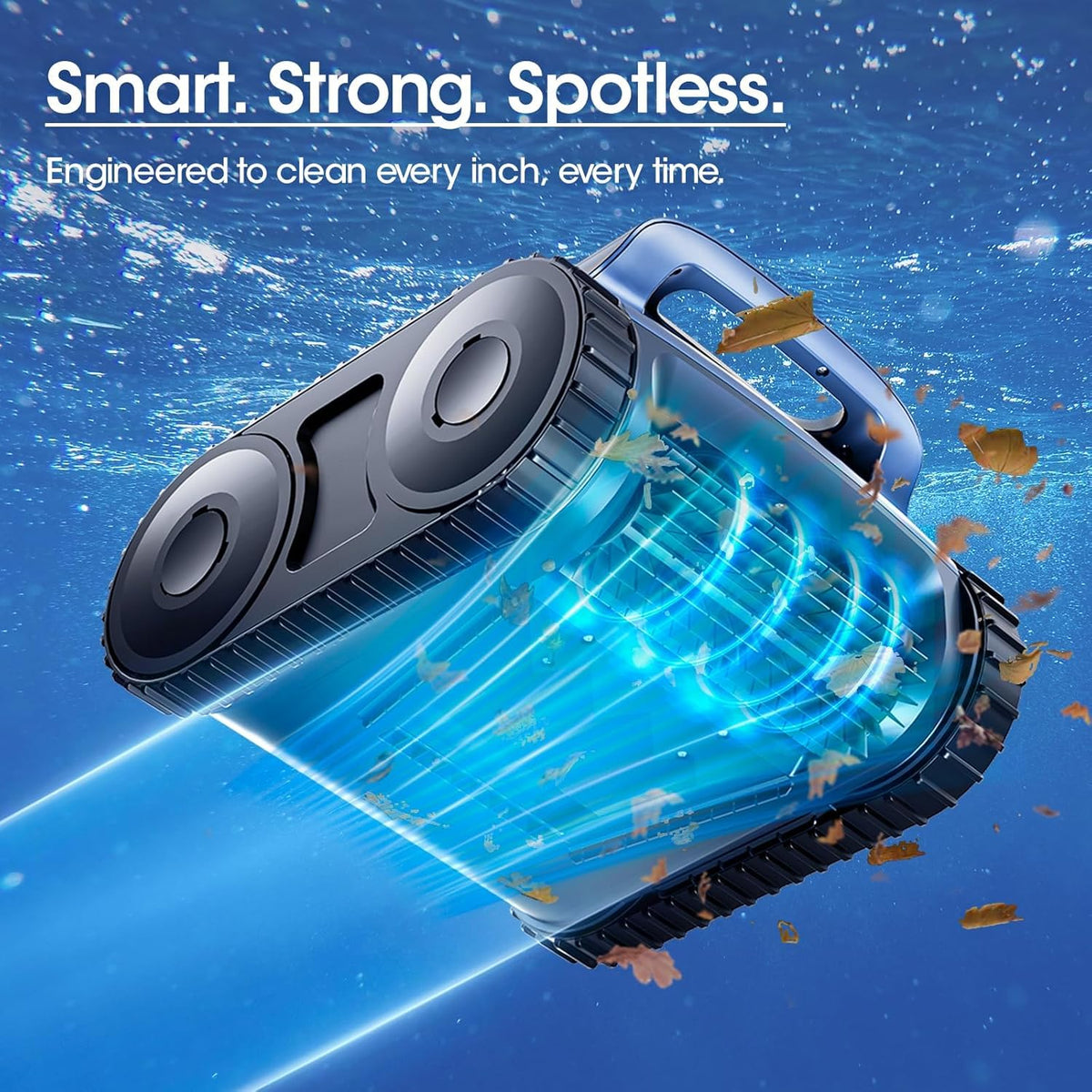 Cordless Robotic Pool Vacuum Cleaner With Track Drive, Sonar Navigation, 180W Brushless Motor, 150-Min Runtime, Dark Blu