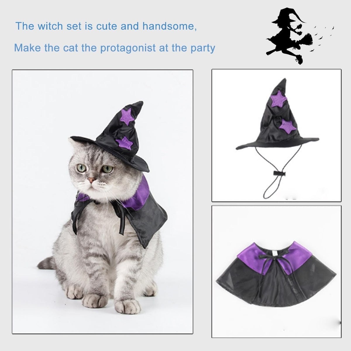 WILLED Halloween Pet Costumes, Cat Wizard Costume, Dog Witch Cloak & Hat, Purple Witch Cloak for Cats, Dogs, Kittens, Pu