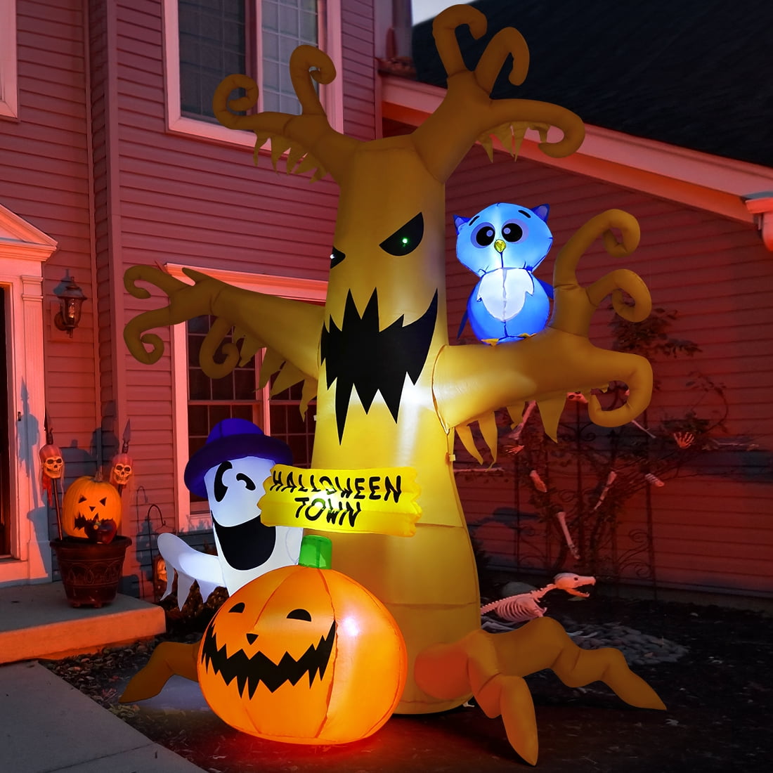 GOOSH Halloween Inflatables 8 FT Halloween Inflatable tree with Ghost Pumpkin and Owl, Halloween Dead Tree Decorations S