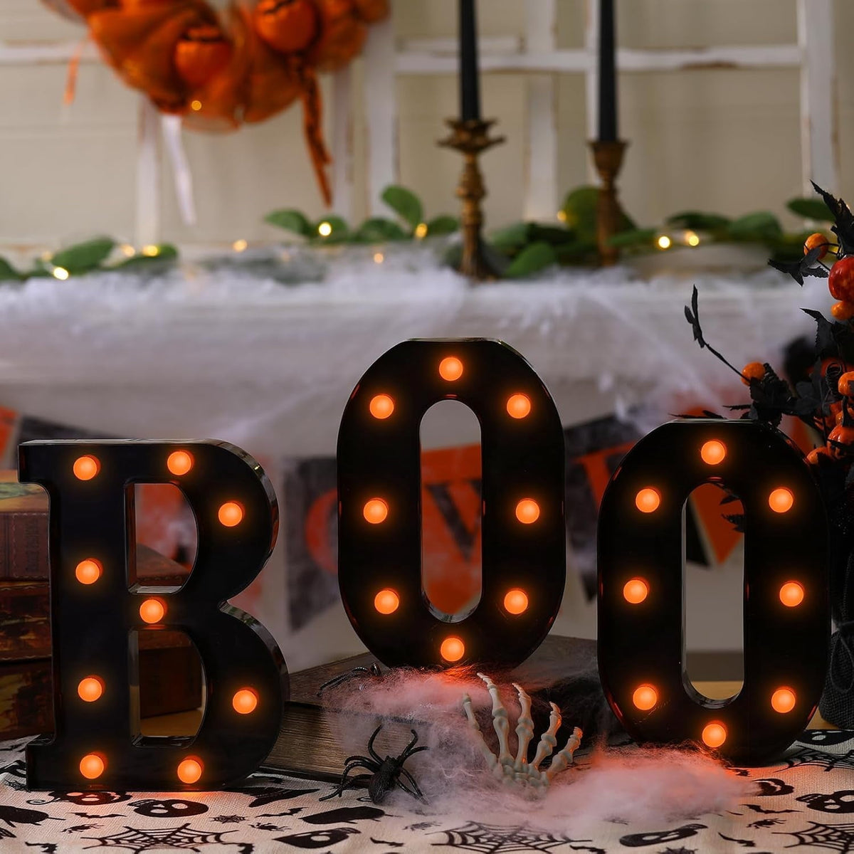 TETOU Halloween Decorations Indoor,"BOO" Sign 3 LED Light up Letters for Home Fireplace Room Desk Mantel Table Vintage G
