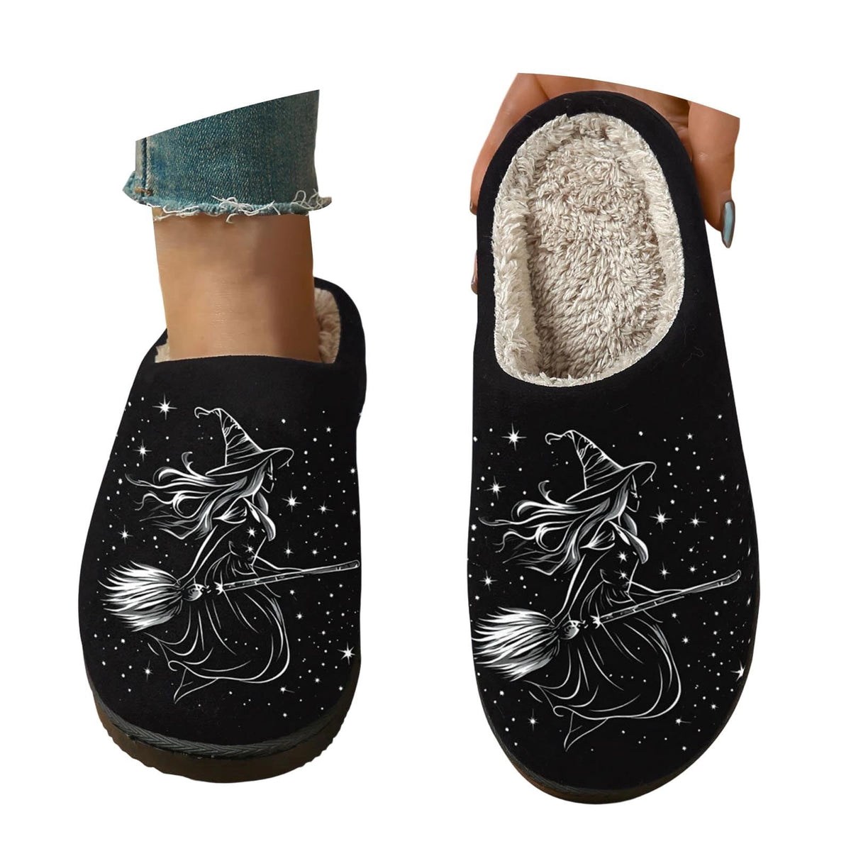 PMVFHDE Halloween Fuzzy Winter Ons Witch Print Flat Indoor Footwear For Home Sole Warm Comfortable Women’s Shoes Black -