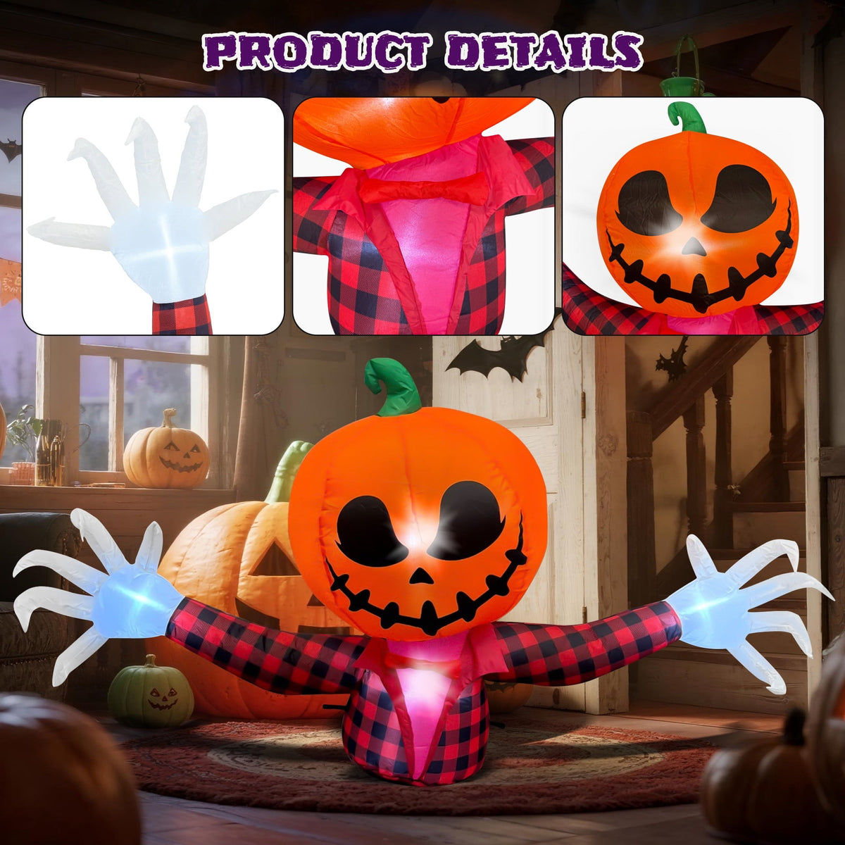 BeePrincess 5 FT Halloween Inflatable Pumpkin Ghost – Outdoor LED Blow-Up Decoration with Giant Arms, Light-Up Eyes, Wat