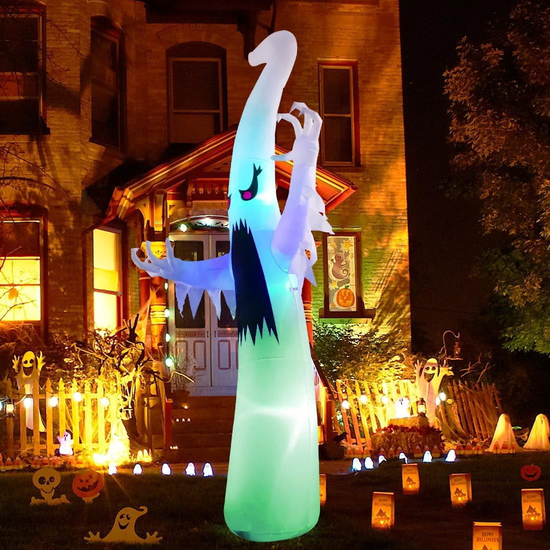 GOOSH 12 FT Height Halloween Inflatable Outdoor Colorful Dimming Ghost, Blow Up Yard Decoration with LED Lights Built-in