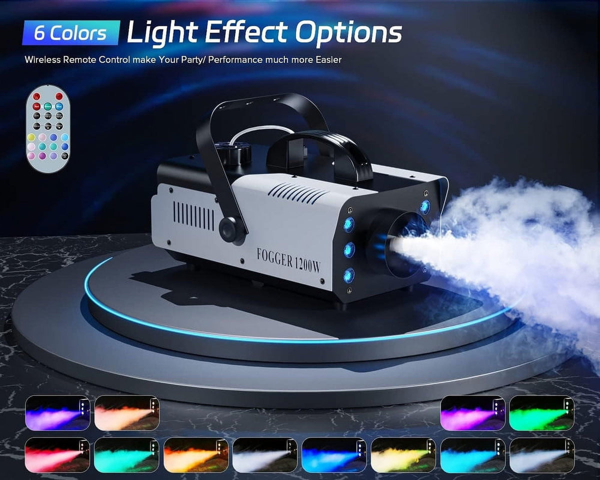Fog Machine 1200W and 6000CFM Smoke Machine with Wireless Remote Control and 6 Colorful LED Lights for Christmas Thanksg