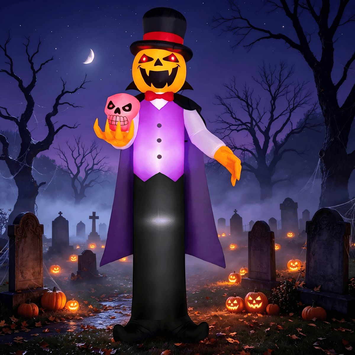 Joyfy 12 ft Giant Halloween Inflatable Pumpkin Ghost Vampire with Skull Decoration with Built-in LEDs, Ghost Halloween D