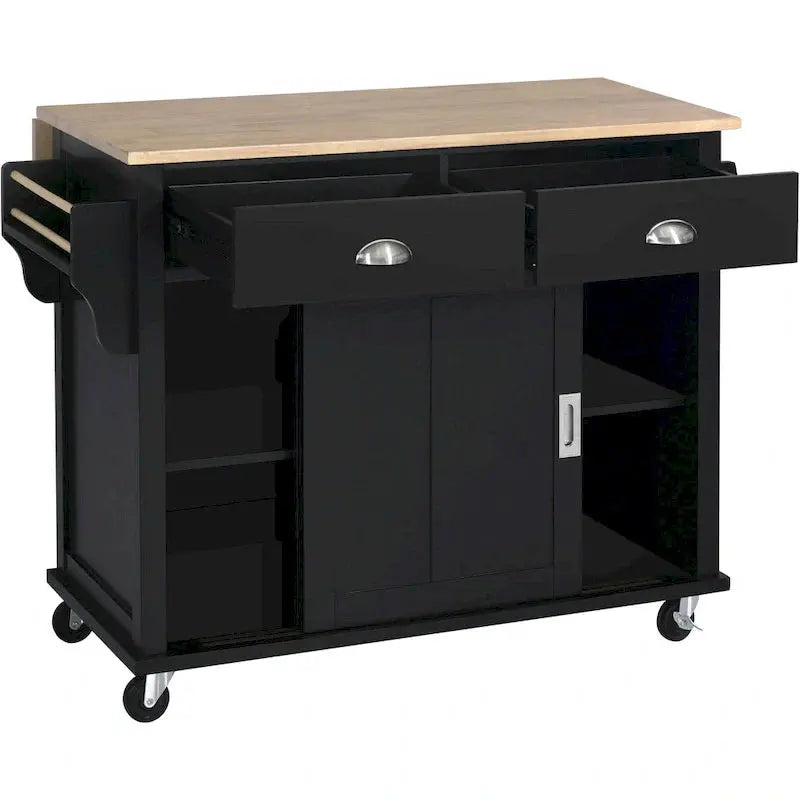 Rubberwood Kitchen Island Cart With Drop-Leaf Countertop, Concealed Barn Door Storage And 4 Locking Casters - 52.2 x 30.