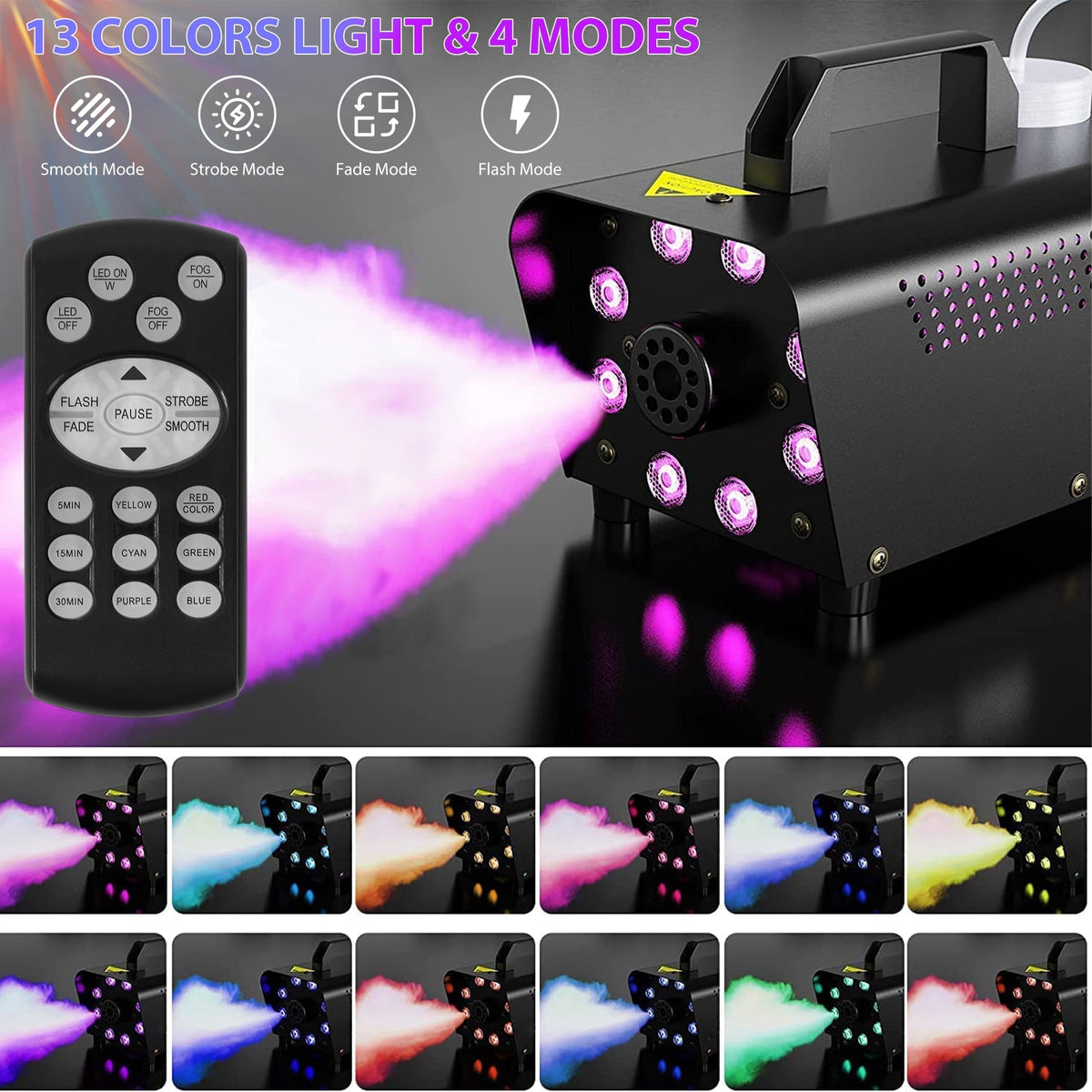 Yexmas 500W Smoke Machine 2000CFM Fog - 13 Colorful LED Lights - Wireless Remote Control - Ideal for Weddings, Halloween