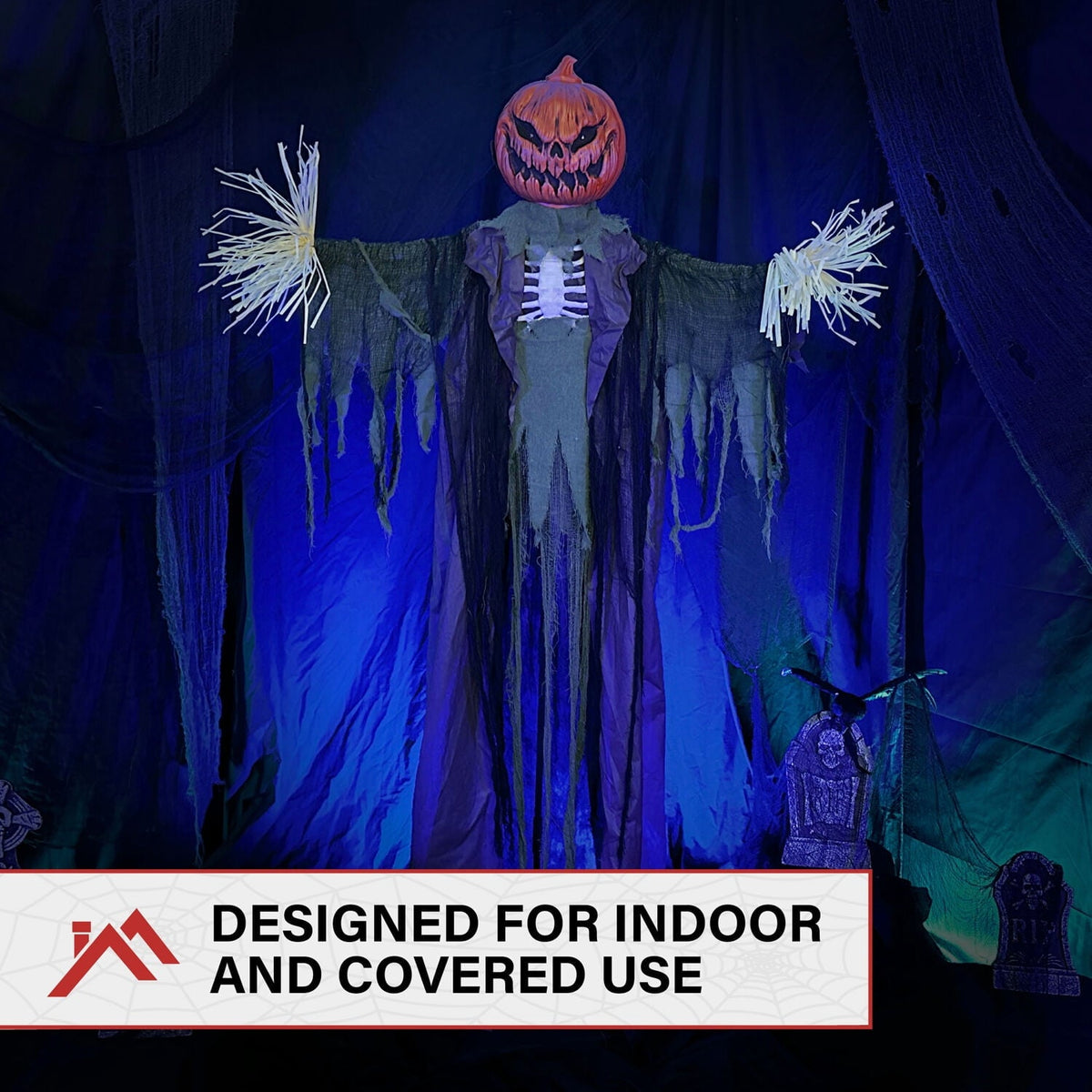Haunted Hill Farm Life-Size Poseable 6.7-Ft. Pumpkin Scarecrow with Lights and Sound, Indoor or Covered Outdoor Hallowee