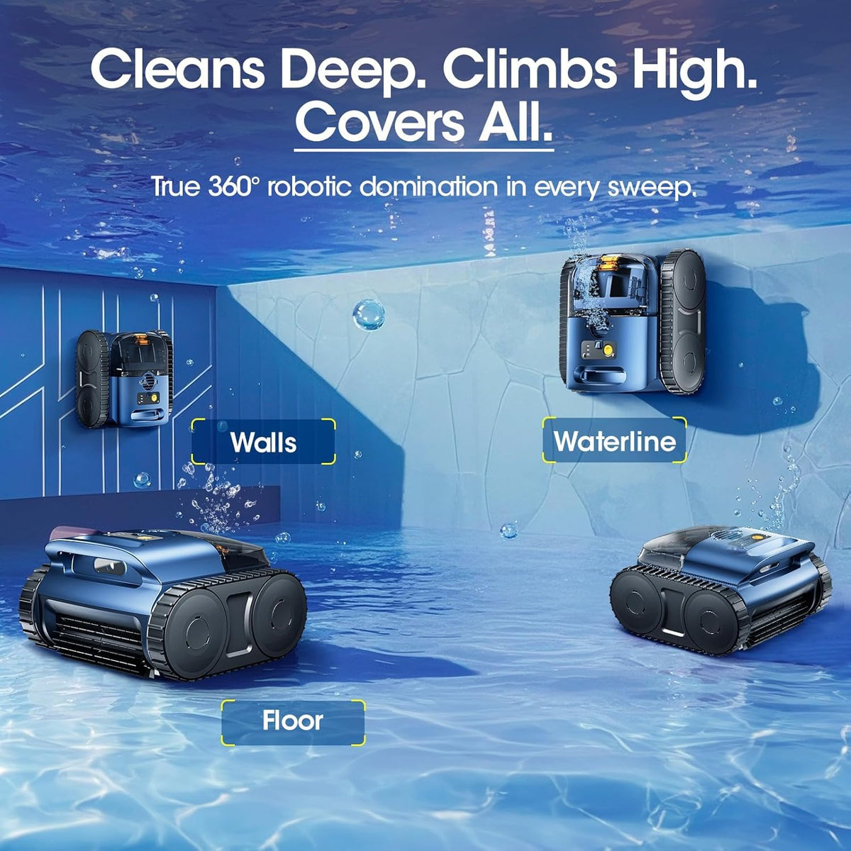 Cordless Robotic Pool Vacuum Cleaner With Track Drive, Sonar Navigation, 180W Brushless Motor, 150-Min Runtime, Dark Blu