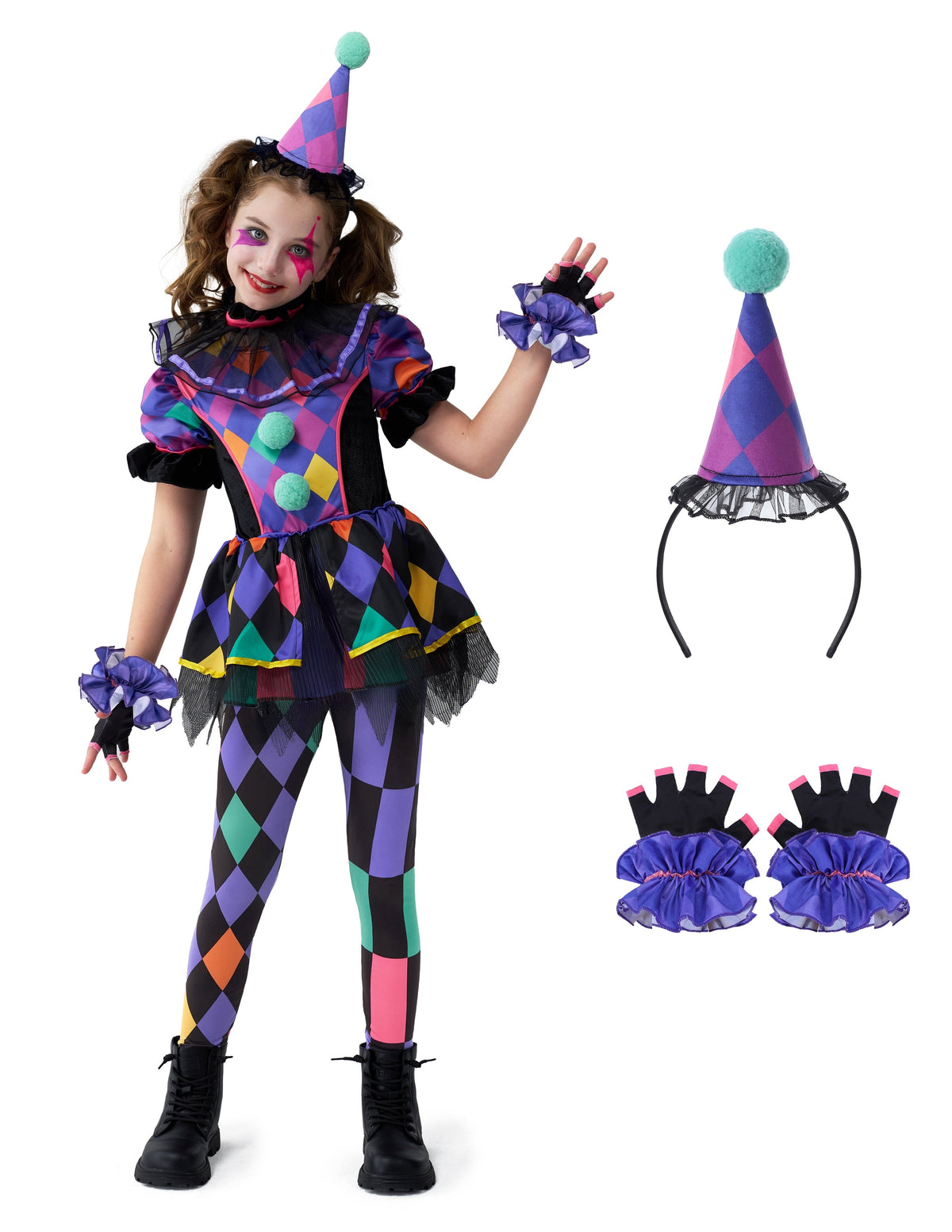 Joyfy Girls Clown Costume, Halloween Scary Clown Costume, Dark Colorful Twisted Clown Jester Dress for Girls Halloween D
