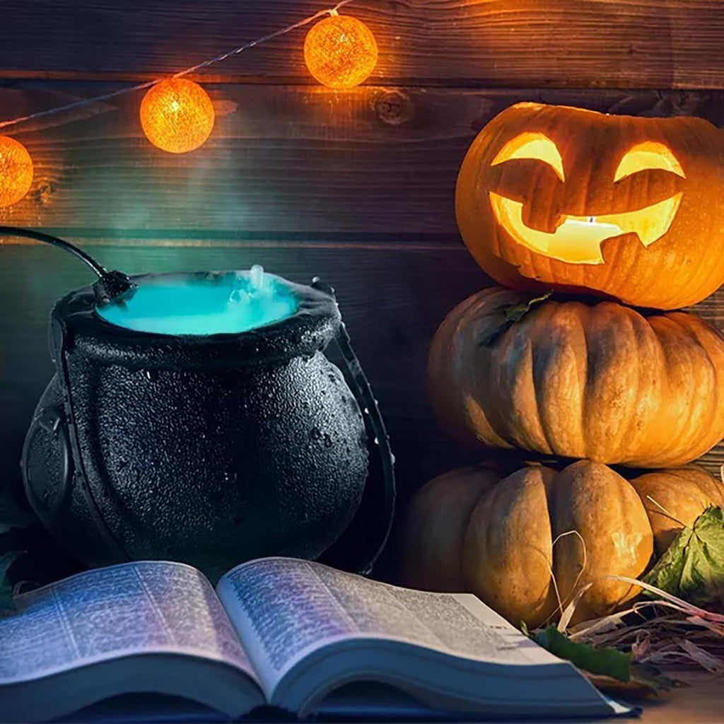 Halloween Decorations Cauldron Mister 12 LED Mist Maker Fogger Cauldron Witch Jar Atomizer Lamp Punch Bowl Candy Fire Fl