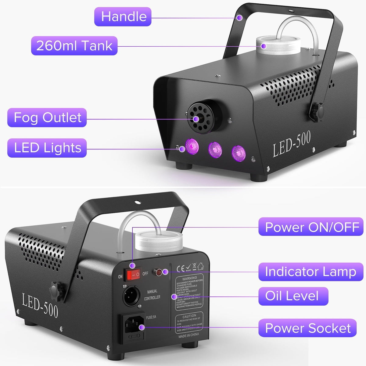 500W Fog Machine with RGB LED Lights, Remote Control, 3000CFM, 15 Lighting Effects for Wedding, DJ, Party, Concert, Hall