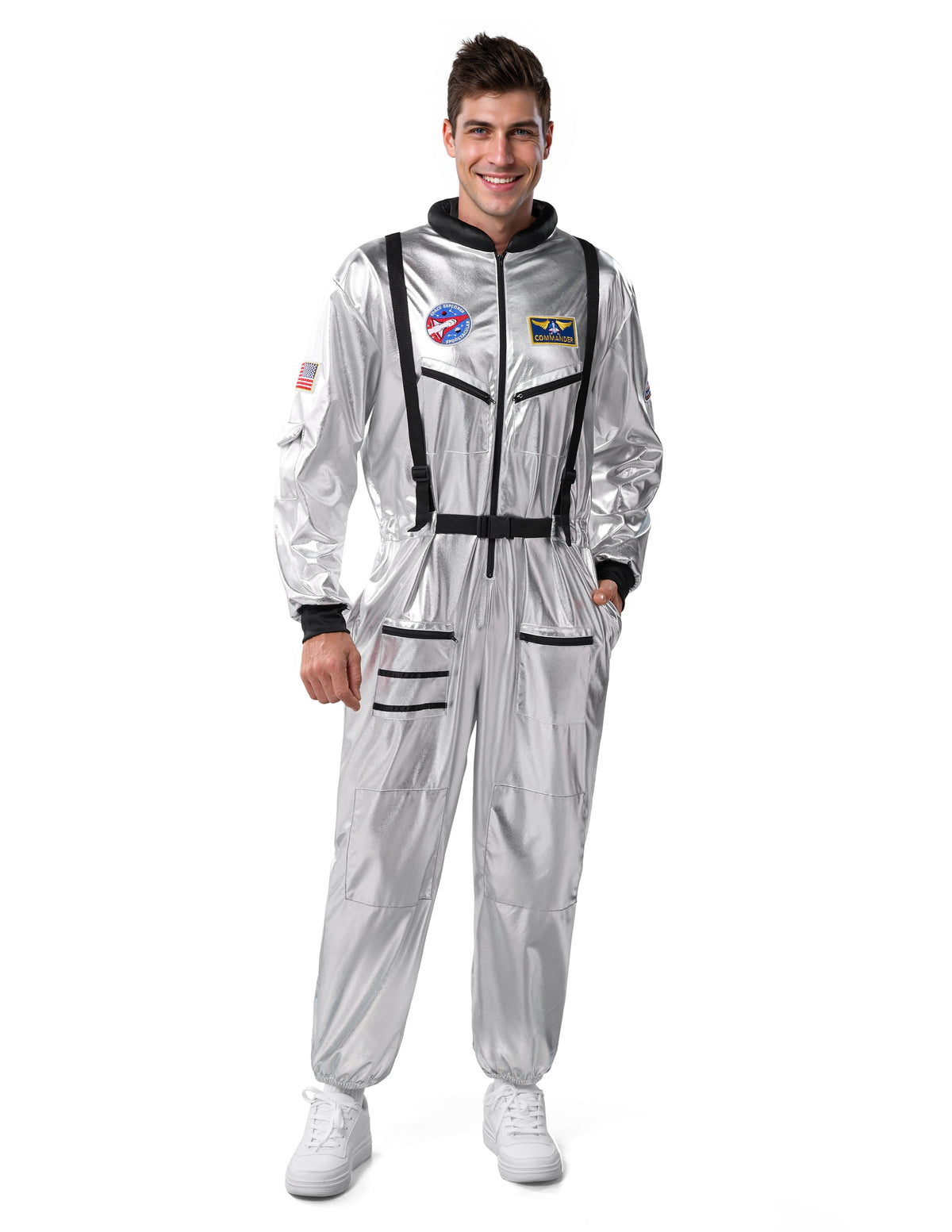Joyfy Adult Men Astronaut Costume Halloween Spaceman Costume Silver Space Suit Spaceman Jumpsuit Pilot Outfit for Hallow