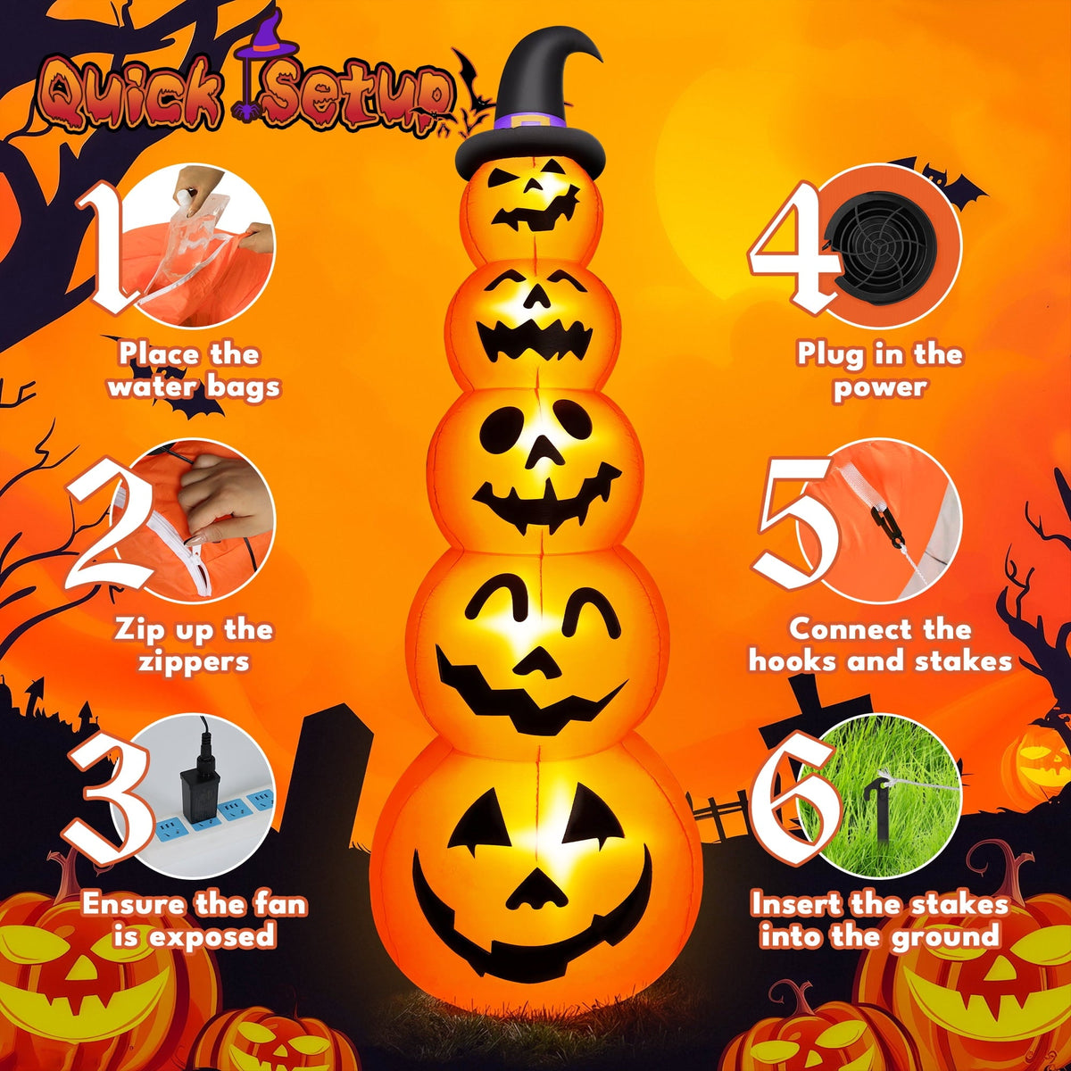 Yexmas 10ft Halloween Inflatable Pumpkins Outdoor Decor with Black Cat Tombstone and Spectre, Built-in LED Lights, for H