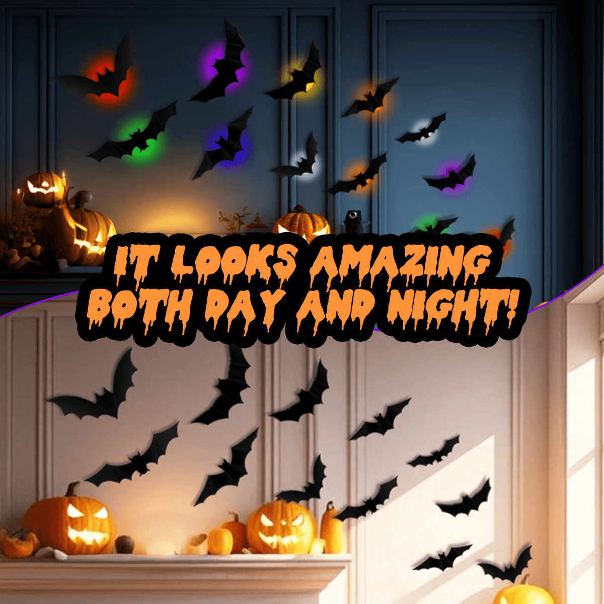 PChero 48Pcs Halloween Bats Wall Decor with 12 Color Changing Lights, 3D Light up Bats with Remote Timer, 10 Different S