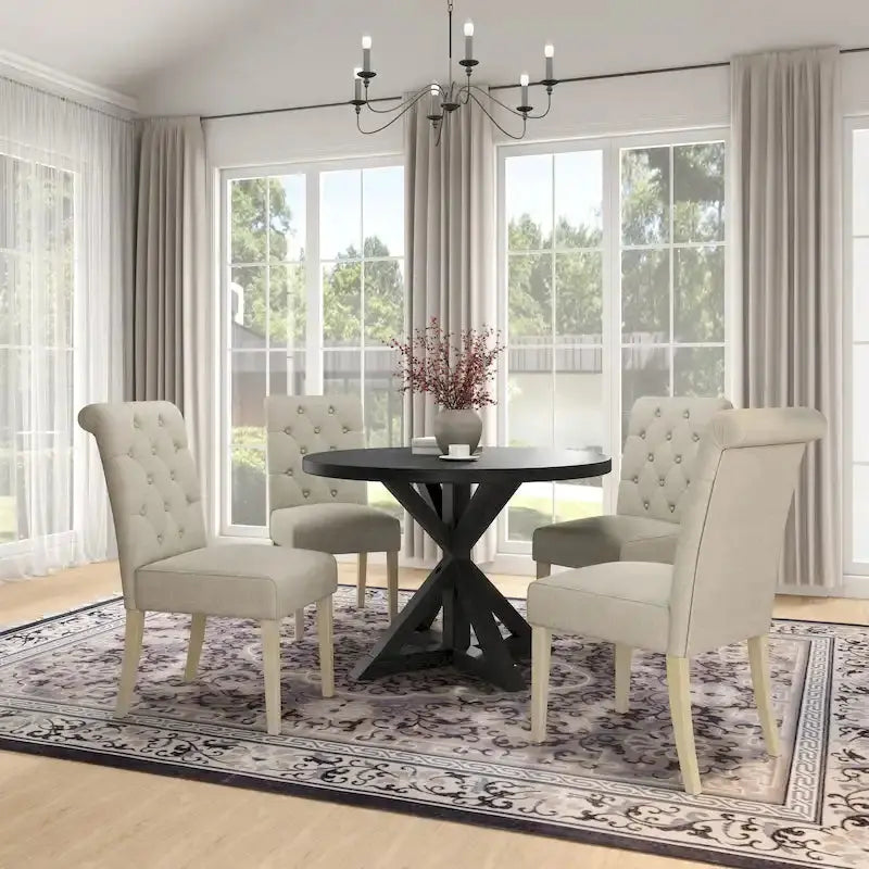 Rustic Wooden 5-Piece Dining Set With Round Cross-Buck Pedestal Table And 4 Tufted Upholstered Chairs - 47.25 x 47.25 x