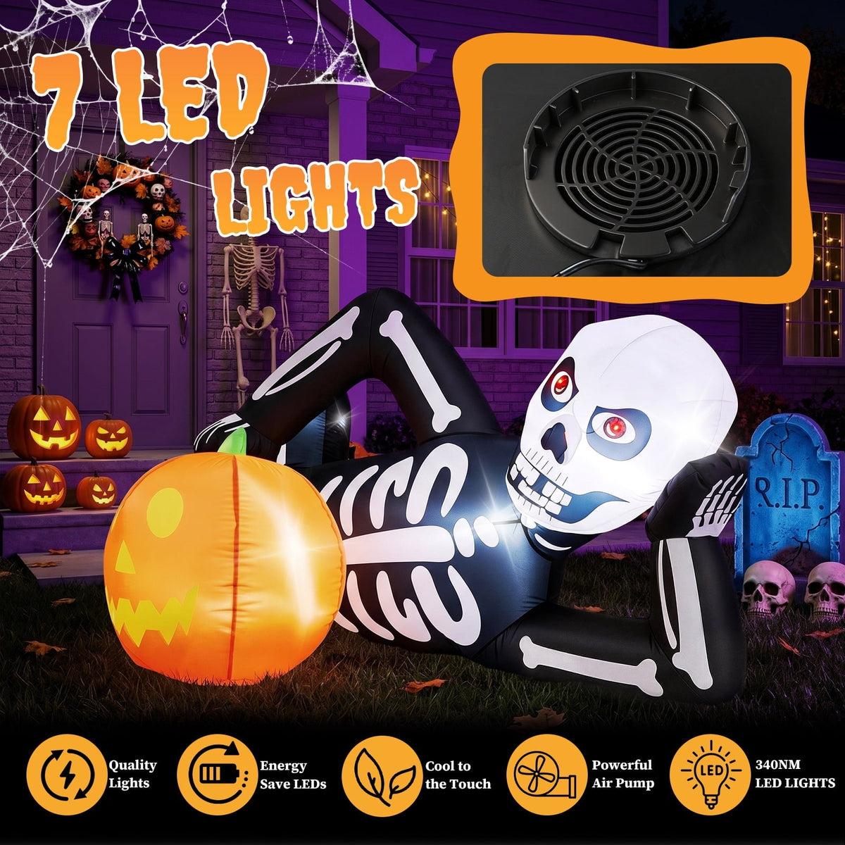 Ktaxon 7' Halloween Inflatables Skeleton Outdoor Halloween Decoration Reclining Skeleton with Pumpkin,Built-In LED Light