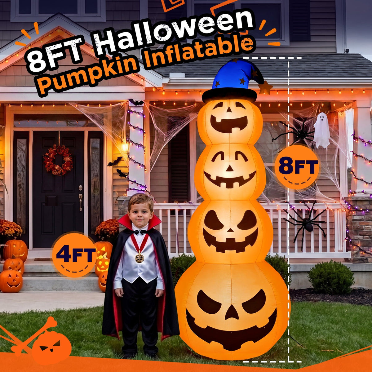 Goosiay 8ft Halloween Inflatable, Stacked Pumpkins with Witch Hat and Built-in LED Lights, Outdoor Blow up Yard Decor fo