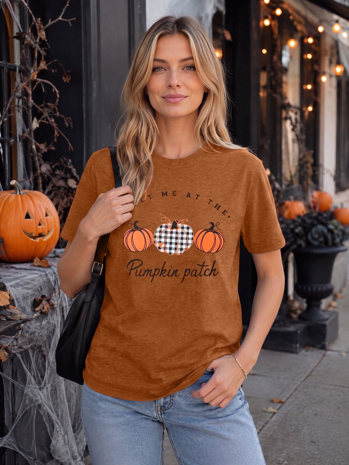 KimSoong Women Halloween Shirt Plaid Pumpkins Graphic Crew Neck Short Sleeve T-Shirts Tops