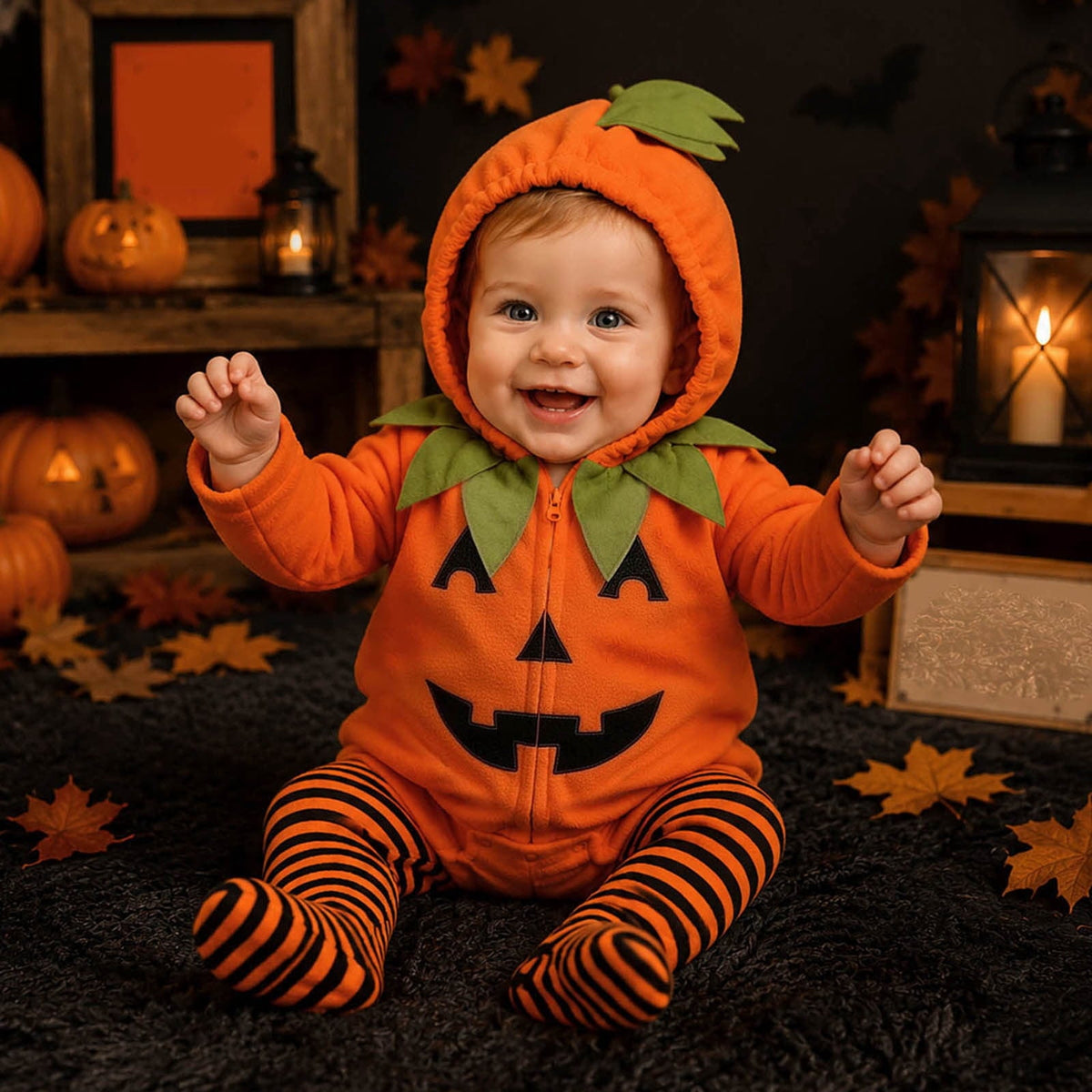 Newborn Infant Cute Jack-O-Lantern Costume Halloween Bodysuit and Striped Leggings Set Fall Holiday Fancy Dress Up Outfi
