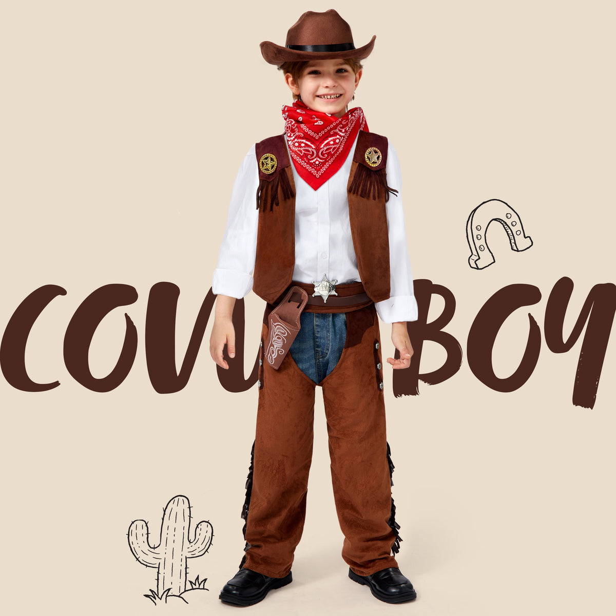 Joyfy Halloween Cowboy Costume for Boys, Kids Cowboy Costume Set, Brown Western Style Cowboy Outfit with Cowboy Hat for