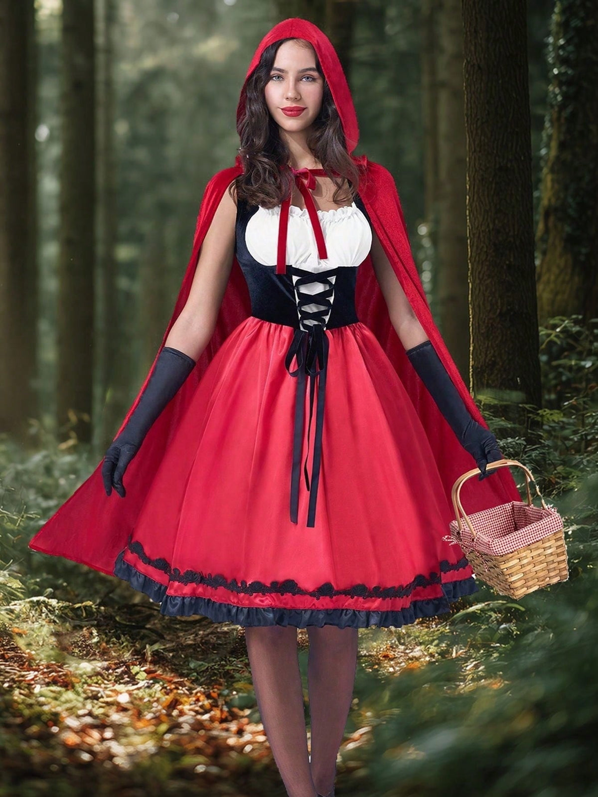 Joyfy Women Little Red Riding Hooded Costume with Dress, Cape and Gloves, Adult Women Halloween Costume for Halloween Pa