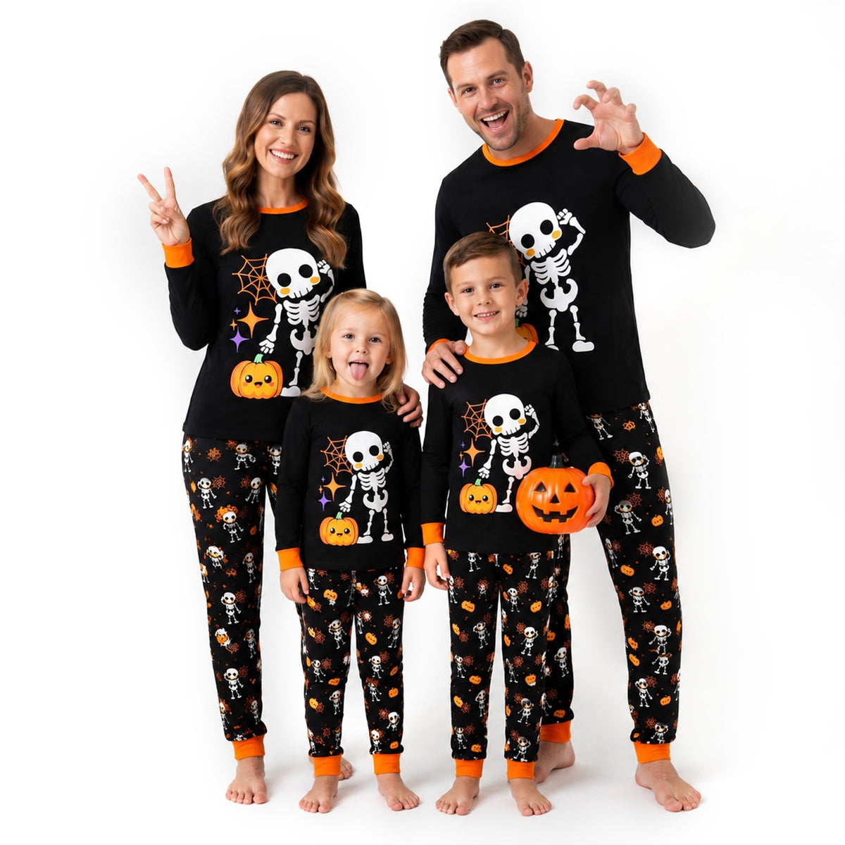 NIPAXO Family Matching Halloween Pajamas Set - Spooky Cute Skeleton & Pumpkin Graphic Long Sleeve Sleepwear for Adults,
