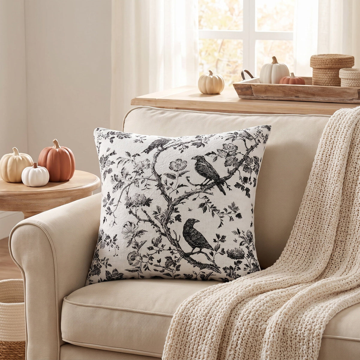 My Texas House Halloween Raven Toile Decorative Pillow, Ivory and Black, 20" x 20"