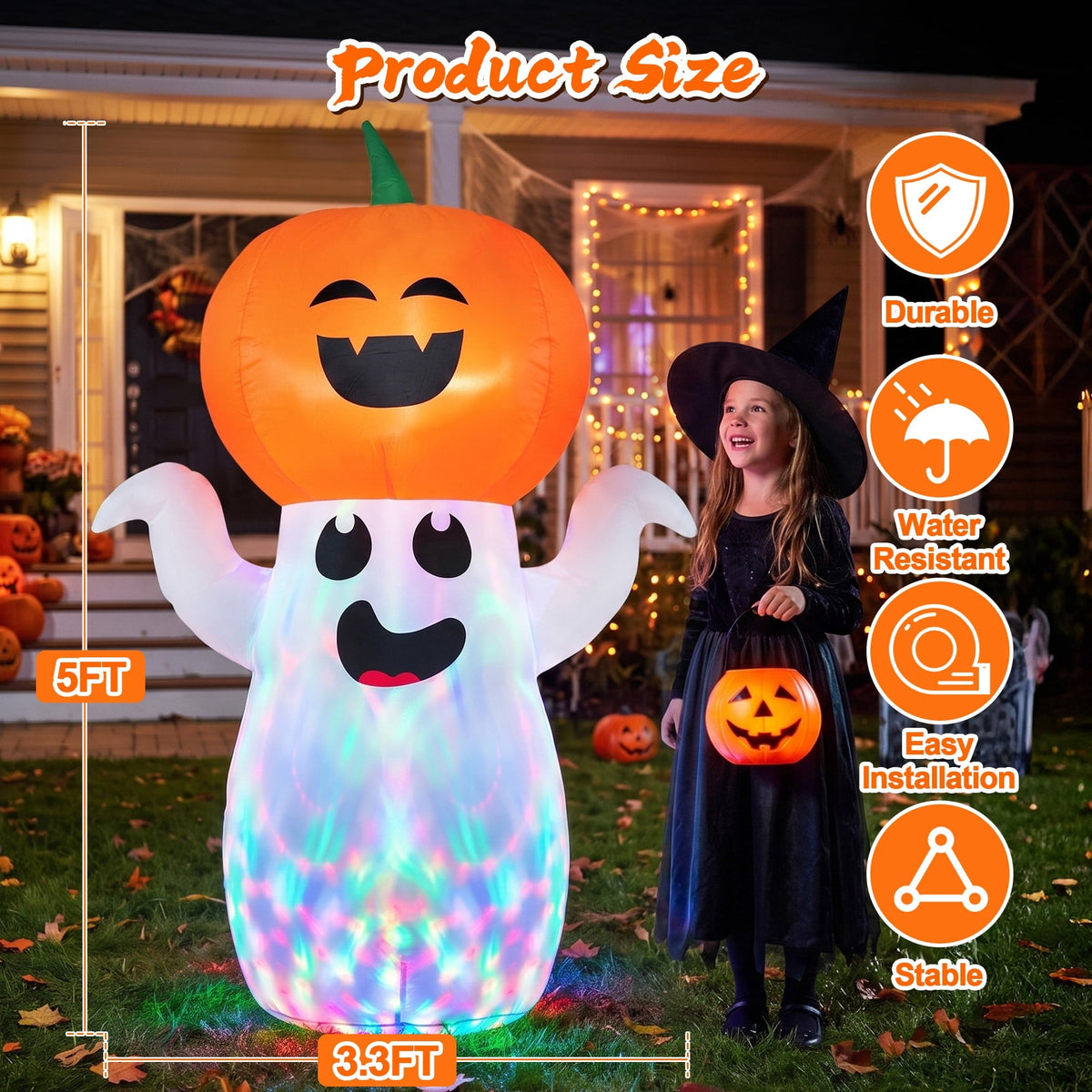 GVDV 5Ft Halloween Inflatables Pumpkin Ghost Decorations with 360° Rotating Colorful LED Lights, Halloween Blow Ups Indo