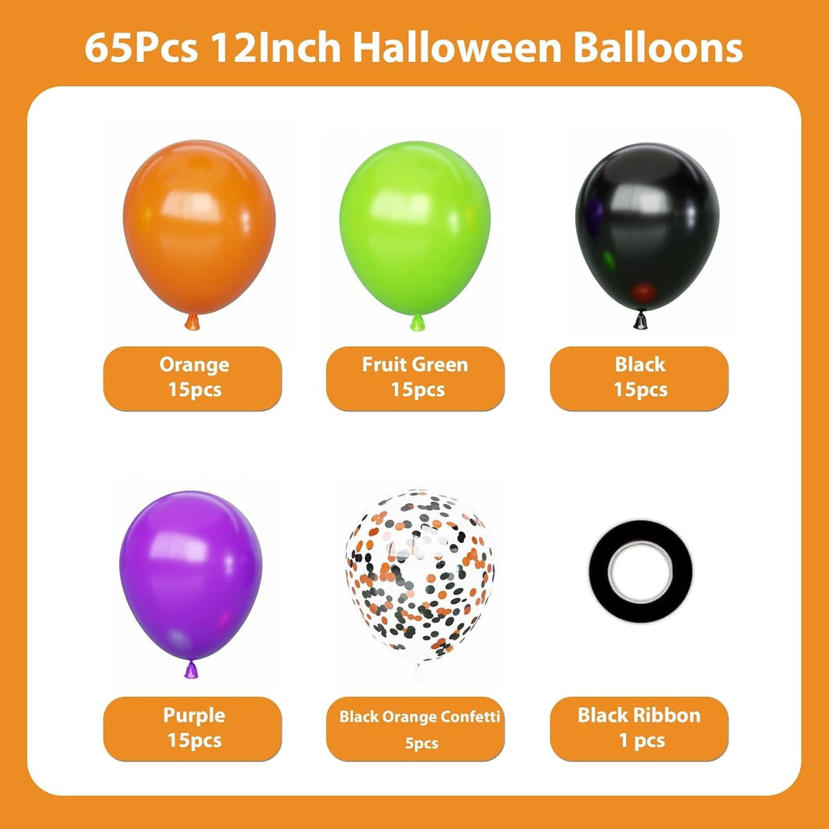 Halloween Balloons Set, 65Pcs 12Inch Black Orange Purple Green Balloons Kit, Black and Orange Latex Balloons for Birthda