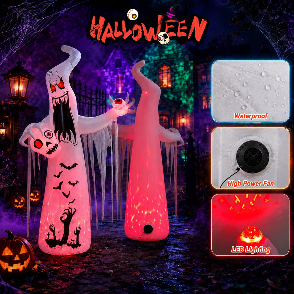 Faburo 12 ft Halloween Inflatable Ghost with Skull and Bleeding Eyeball, Outdoor Blow Up Yard Decoration for Party and G