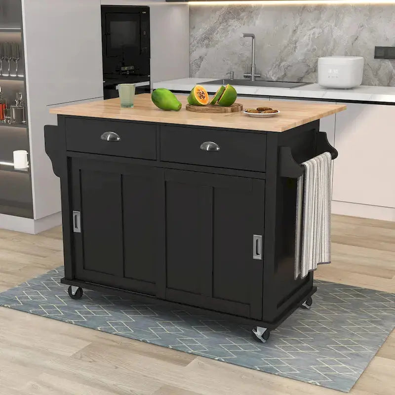 Rubberwood Kitchen Island Cart With Drop-Leaf Countertop, Concealed Barn Door Storage And 4 Locking Casters - 52.2 x 30.
