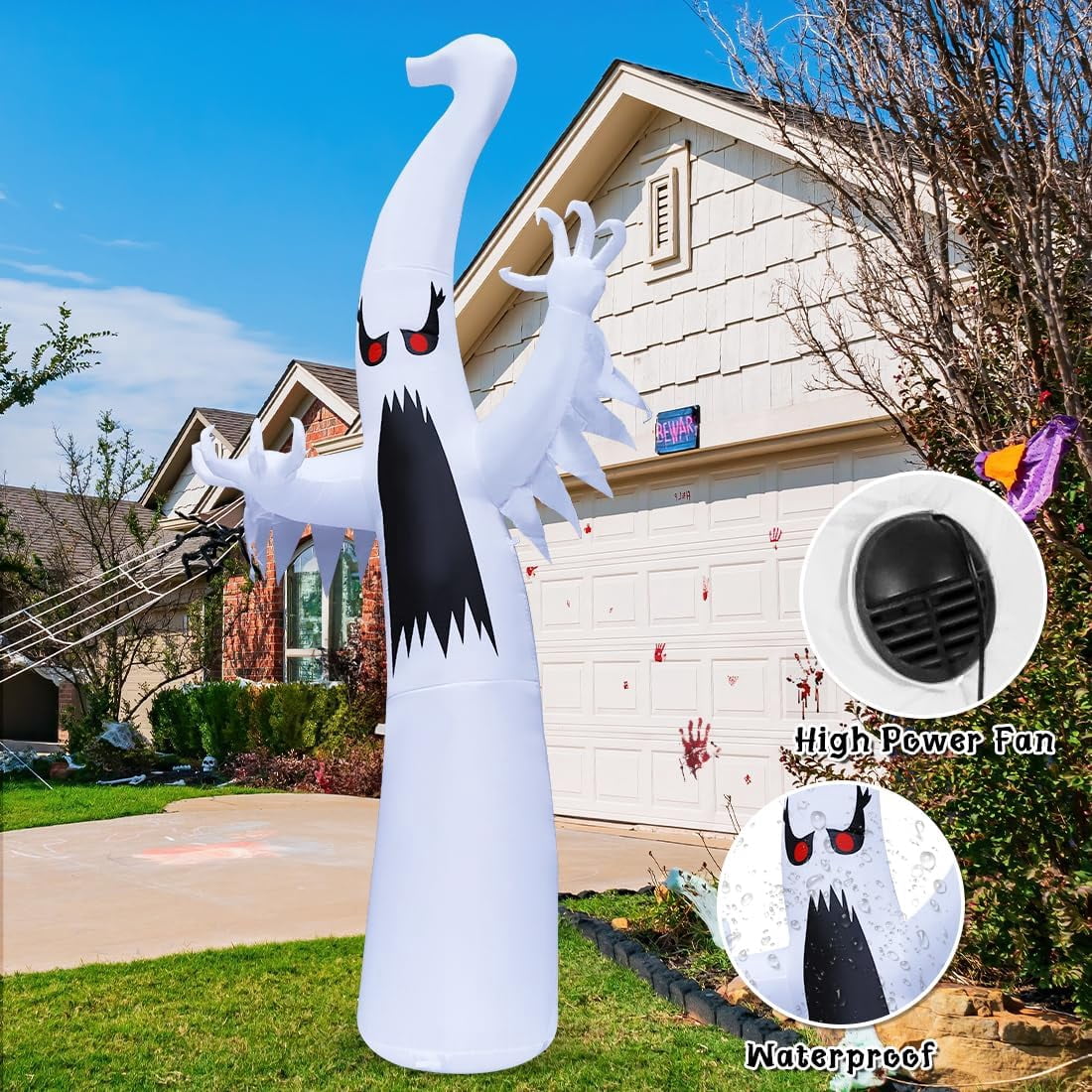 GOOSH 12 FT Height Halloween Inflatable Outdoor Colorful Dimming Ghost, Blow Up Yard Decoration with LED Lights Built-in