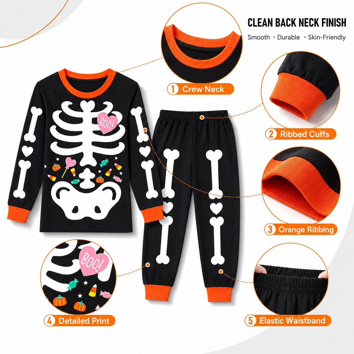 Rimyaw Kids Halloween Pajamas Set, Glow in the Dark Skeleton Sleepwear, 2-Piece cottom Long Sleeve PJs for Boys and Girl